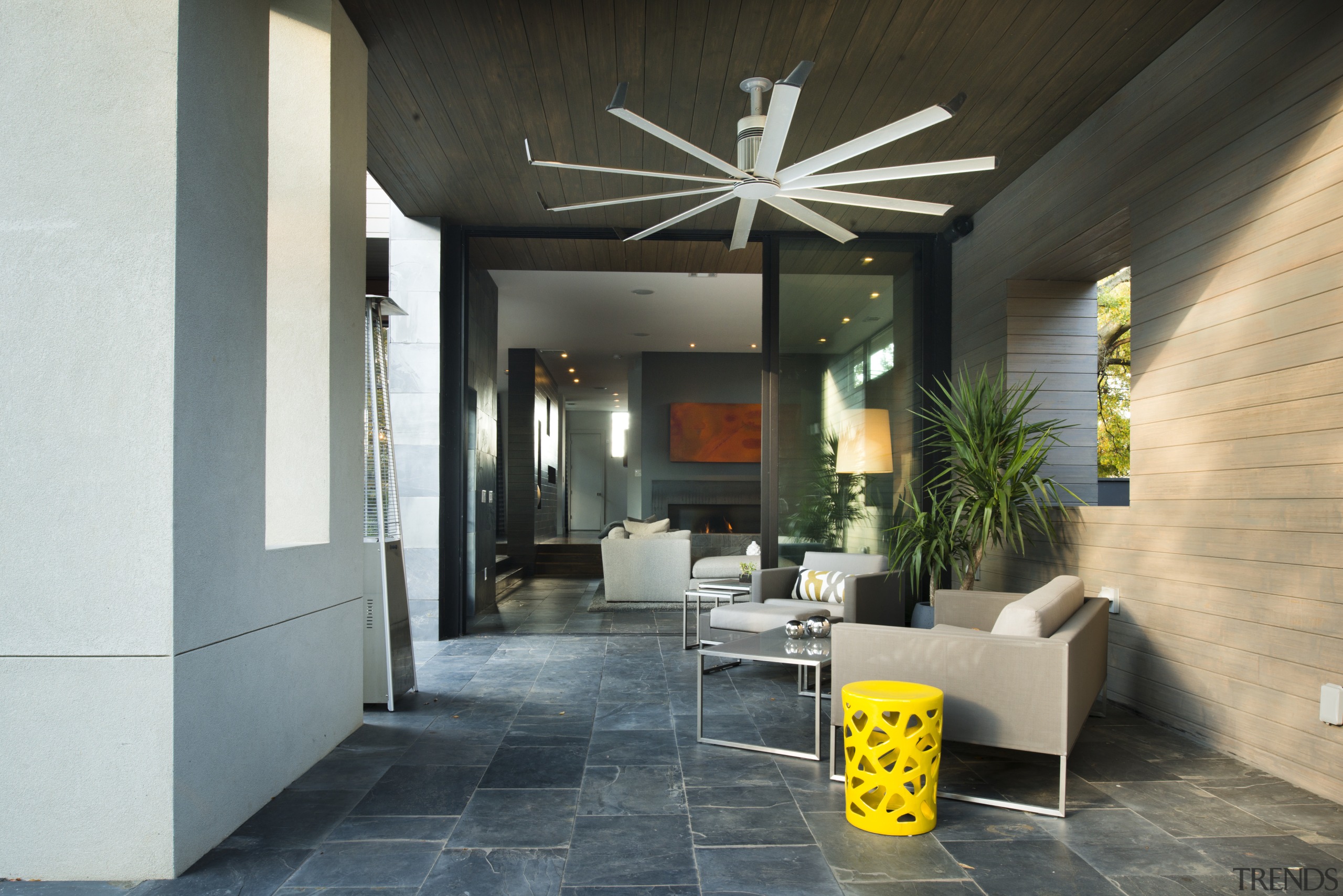 Designed as an extension to the living room, architecture, ceiling, floor, flooring, house, interior design, living room, lobby, real estate, black, gray