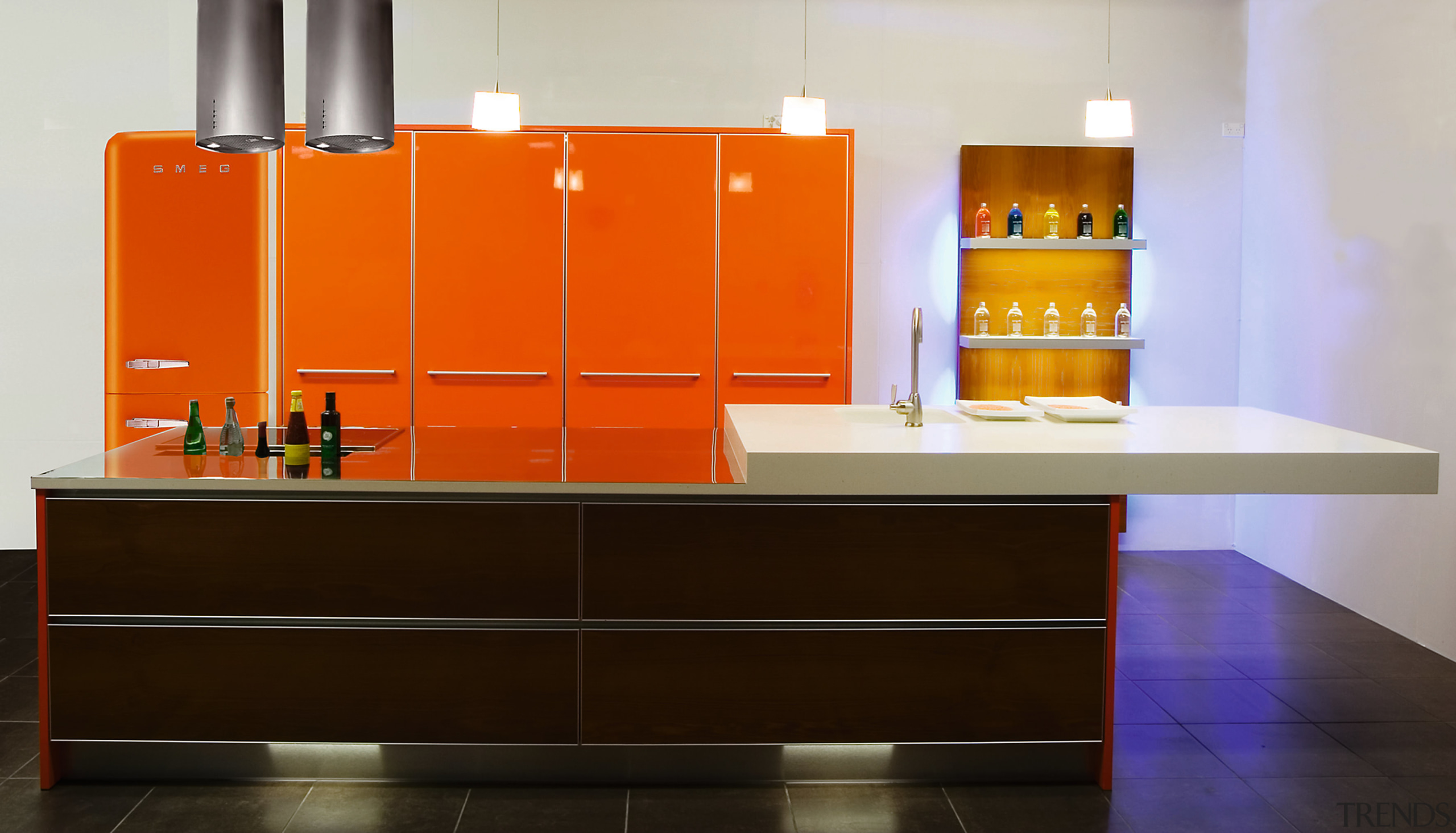 An example of a retro style kitchen designed bathroom, cabinetry, countertop, floor, flooring, furniture, interior design, kitchen, orange, product design, room, shelf, sink, table, black