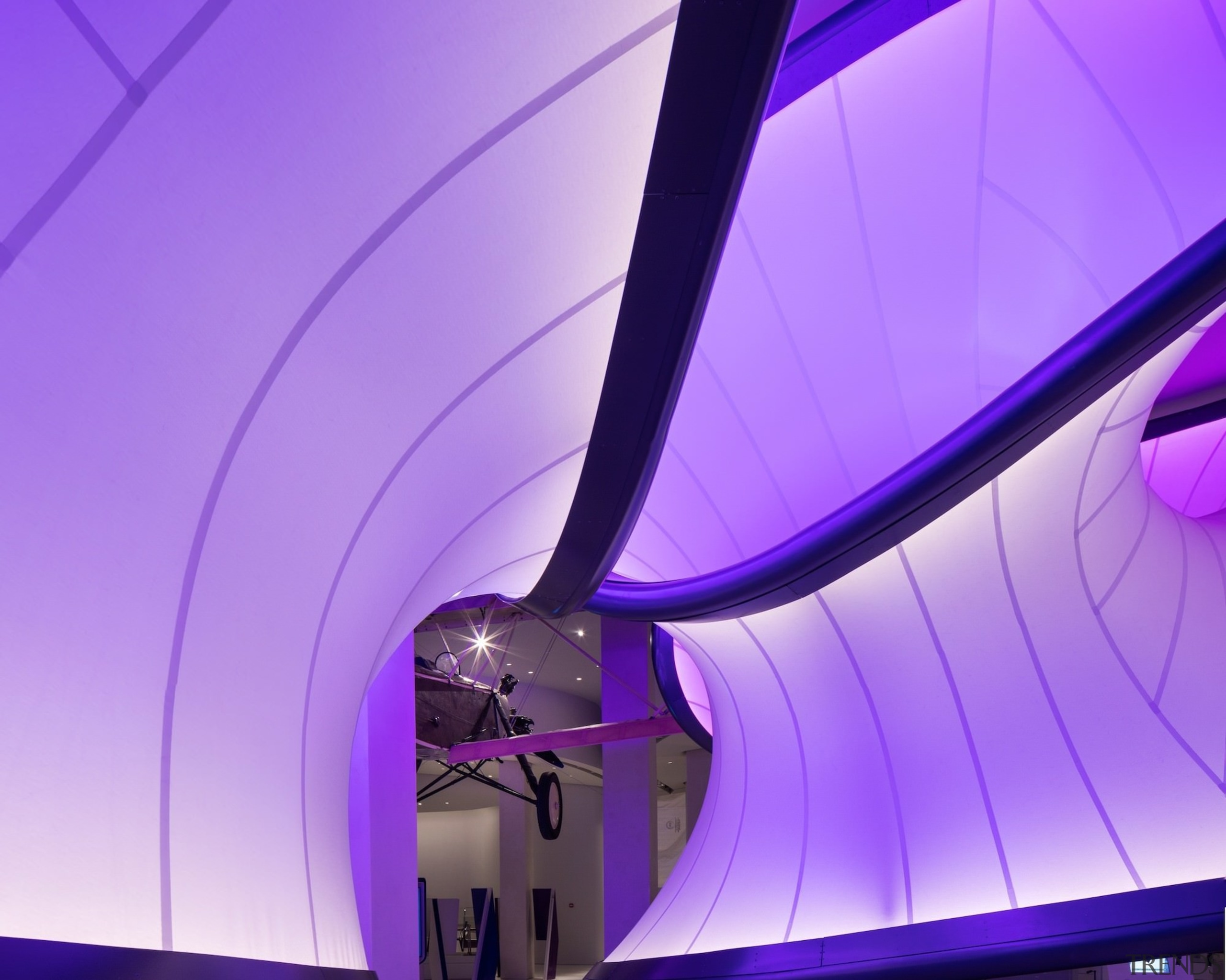 Zaha Hadid – Mathematics: The Winton Gallery – architecture, blue, ceiling, light, lighting, line, product design, purple, sky, structure, violet, purple