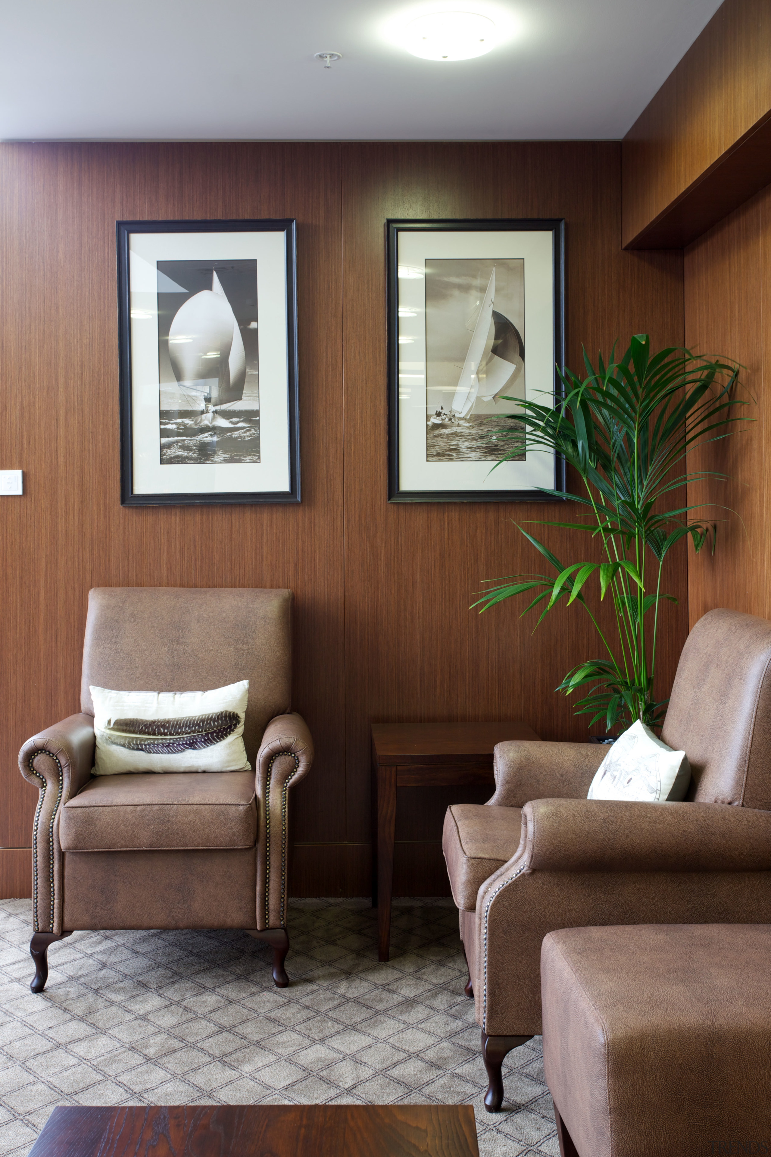 The designers at Yellowfox specified a variety of ceiling, couch, furniture, home, interior design, living room, room, wall, window, brown, gray