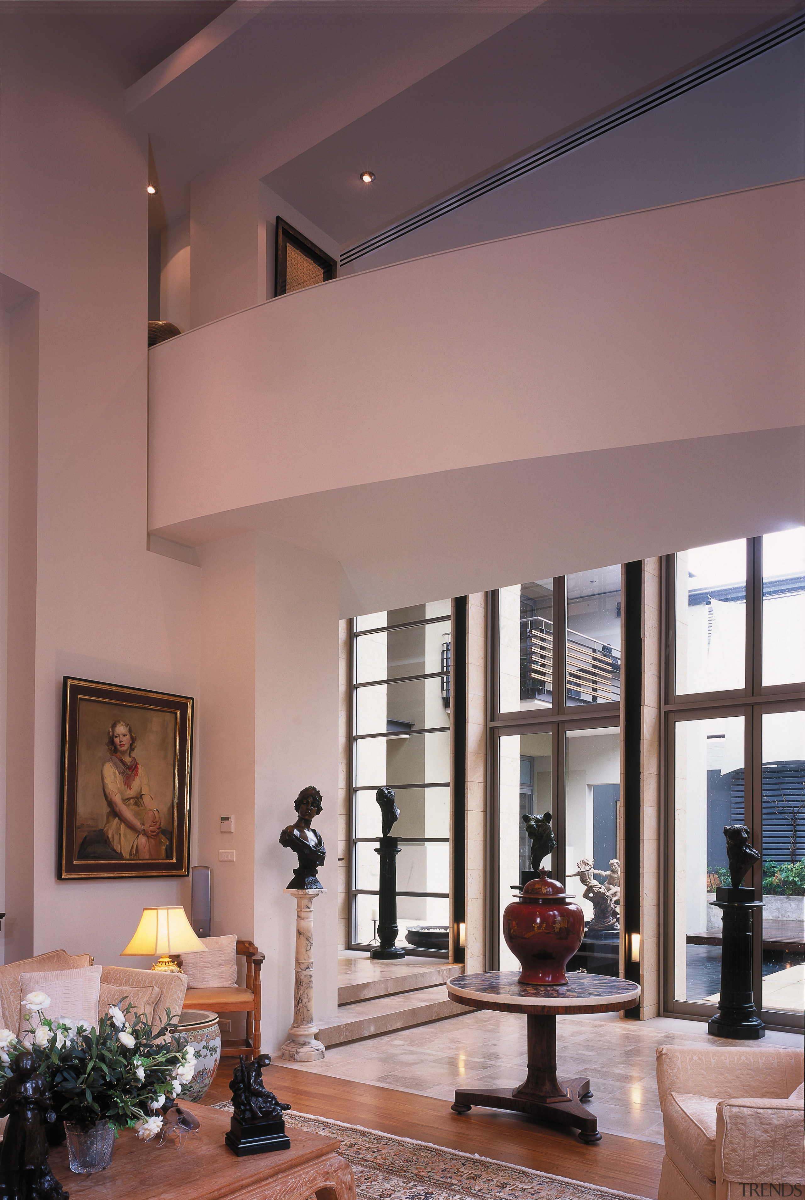 view of the cube shaped living room, , ceiling, daylighting, home, interior design, living room, lobby, window, gray, red