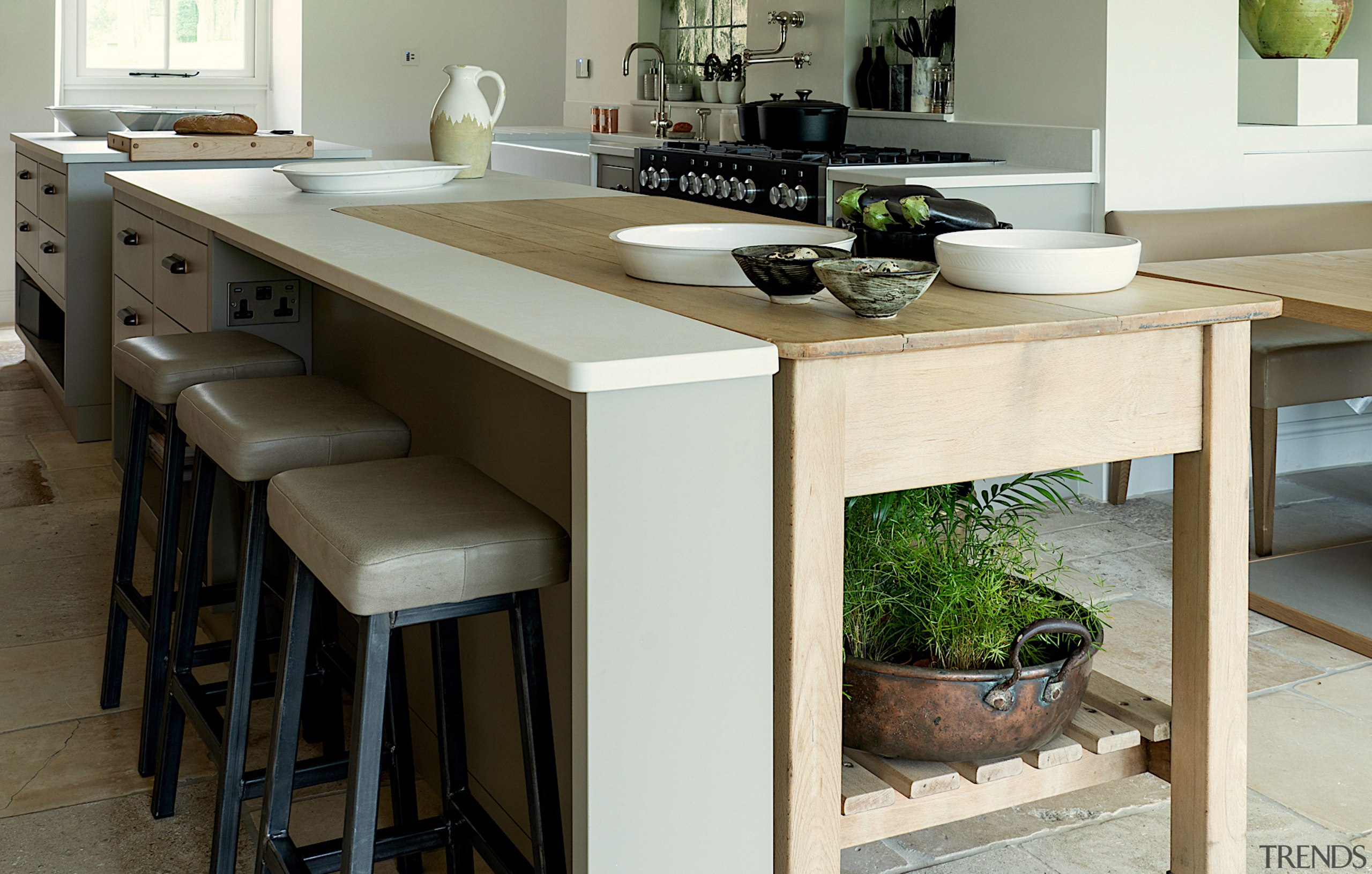 A vintage baker’s table and breakfast bar both 