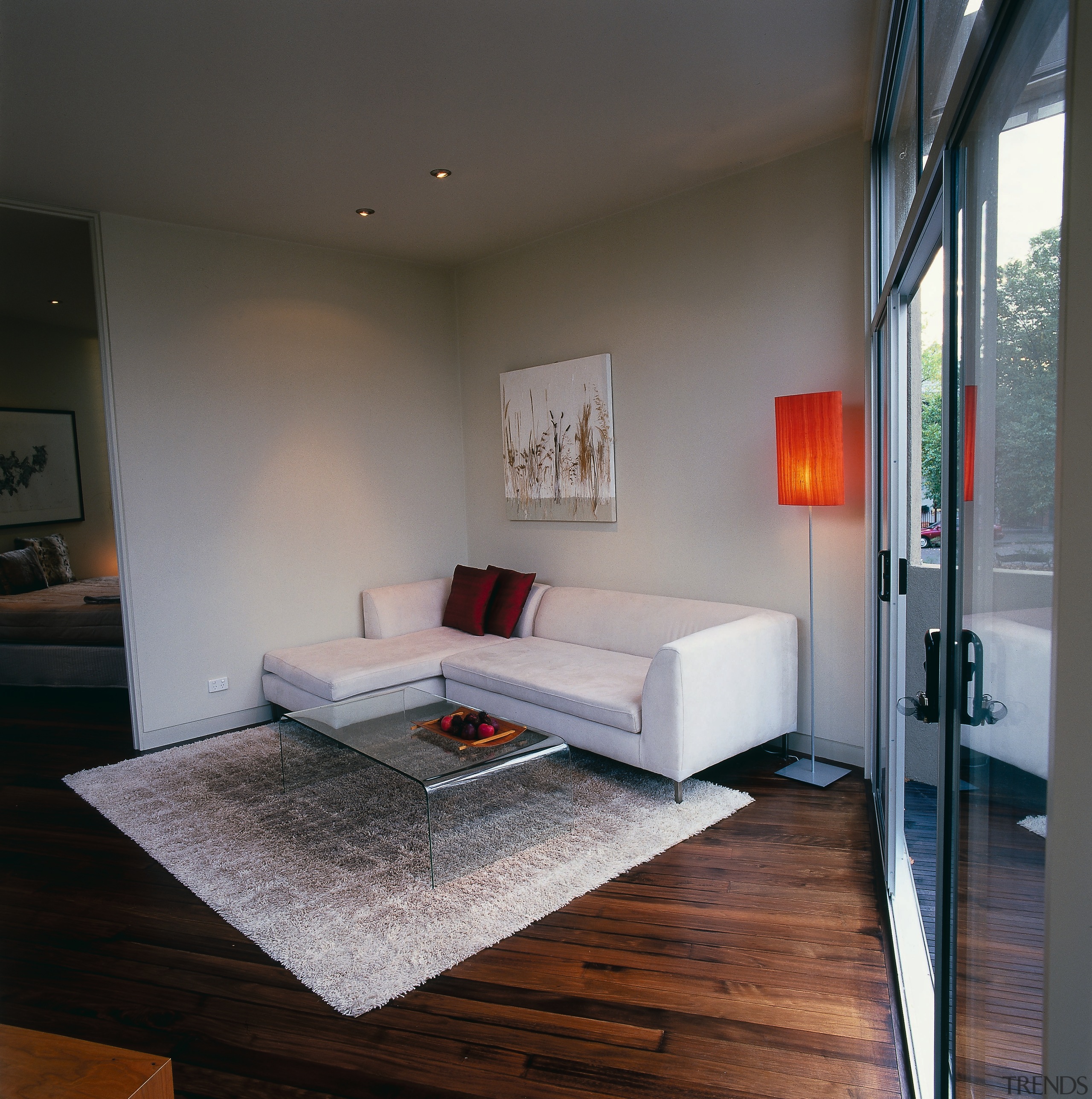 The view of a lounge from the dining architecture, ceiling, floor, house, interior design, living room, loft, room, table, gray, black