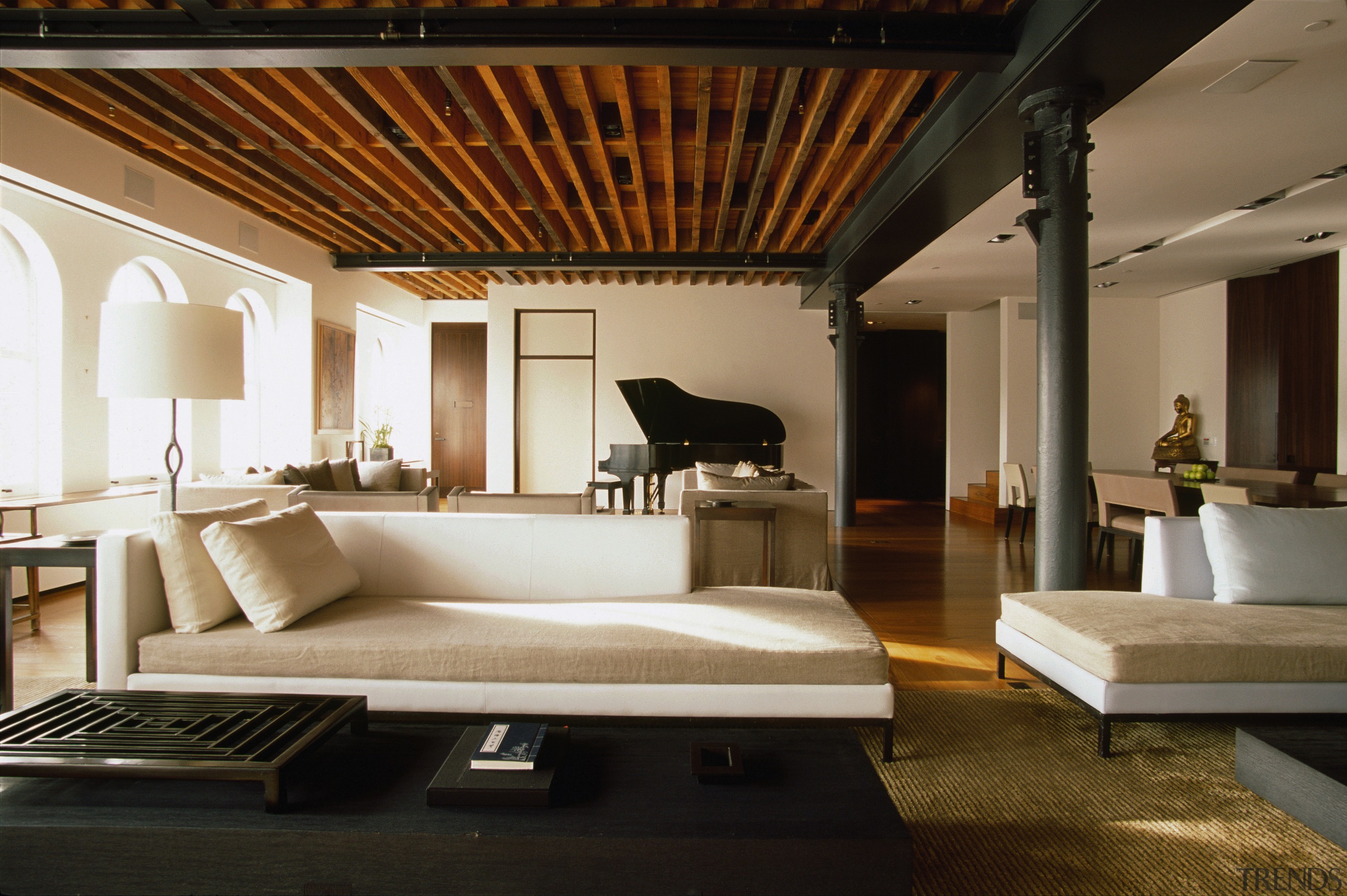 A view of this New york apartment designed architecture, ceiling, floor, furniture, interior design, living room, room, brown, black