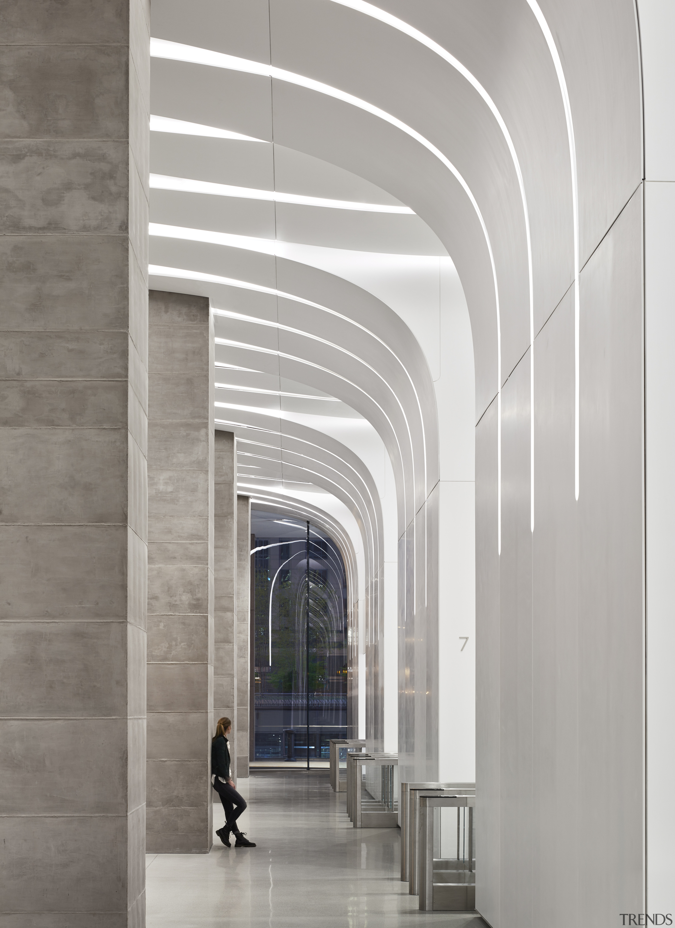 Curved Krion panels that flow from the wall architecture, building, lobby, CME Centre, Renovated lobby, Krueck and Sexton