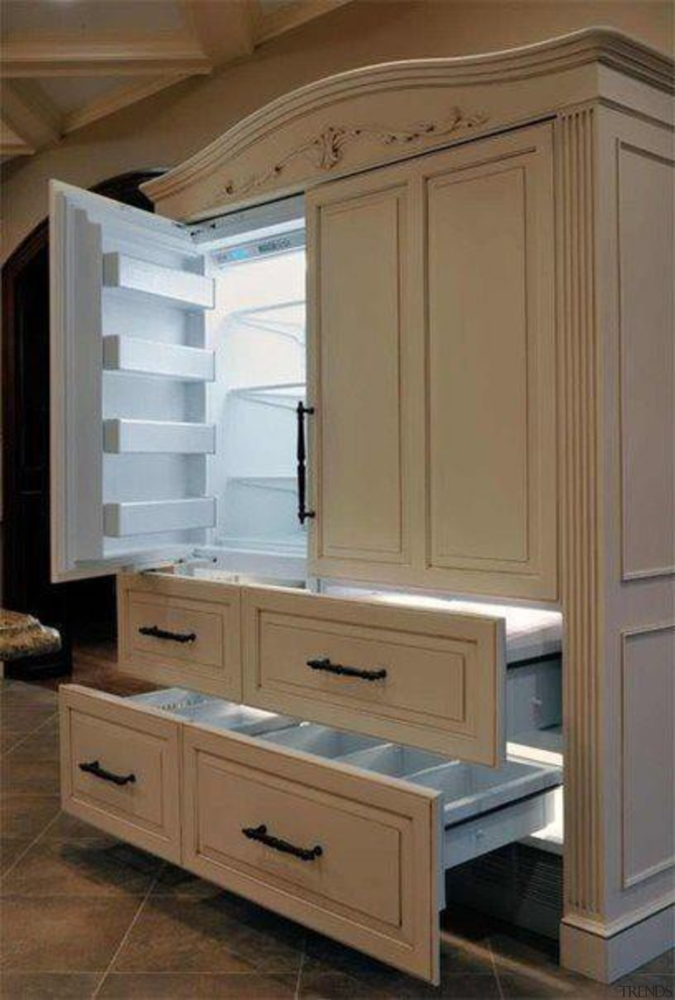 White Fridge with a twist - is it cabinetry, chest of drawers, cupboard, drawer, furniture, kitchen, product, wood stain, brown, gray