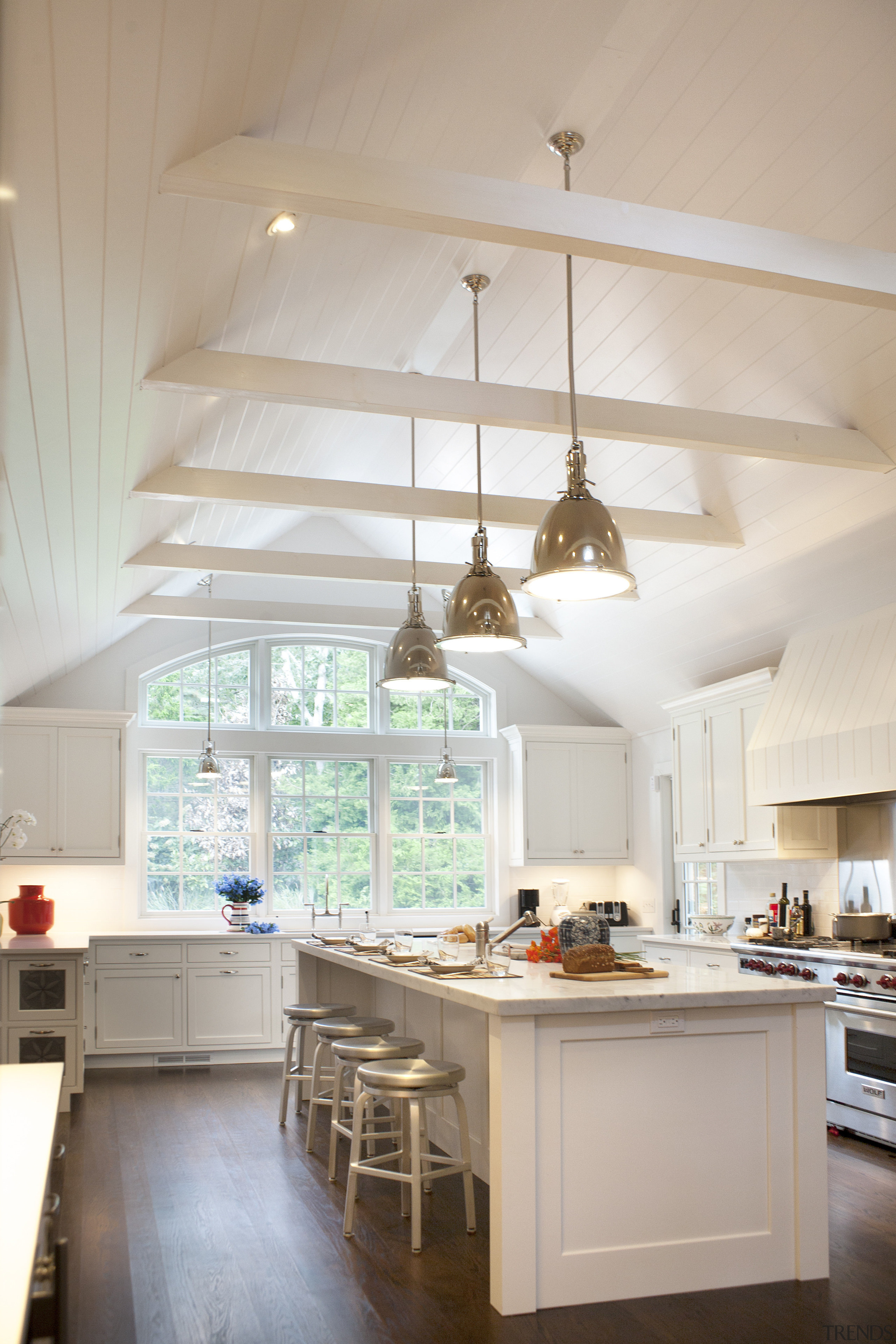 This Hamptons vacation house was extended to create ceiling, countertop, cuisine classique, daylighting, home, interior design, kitchen, room, gray