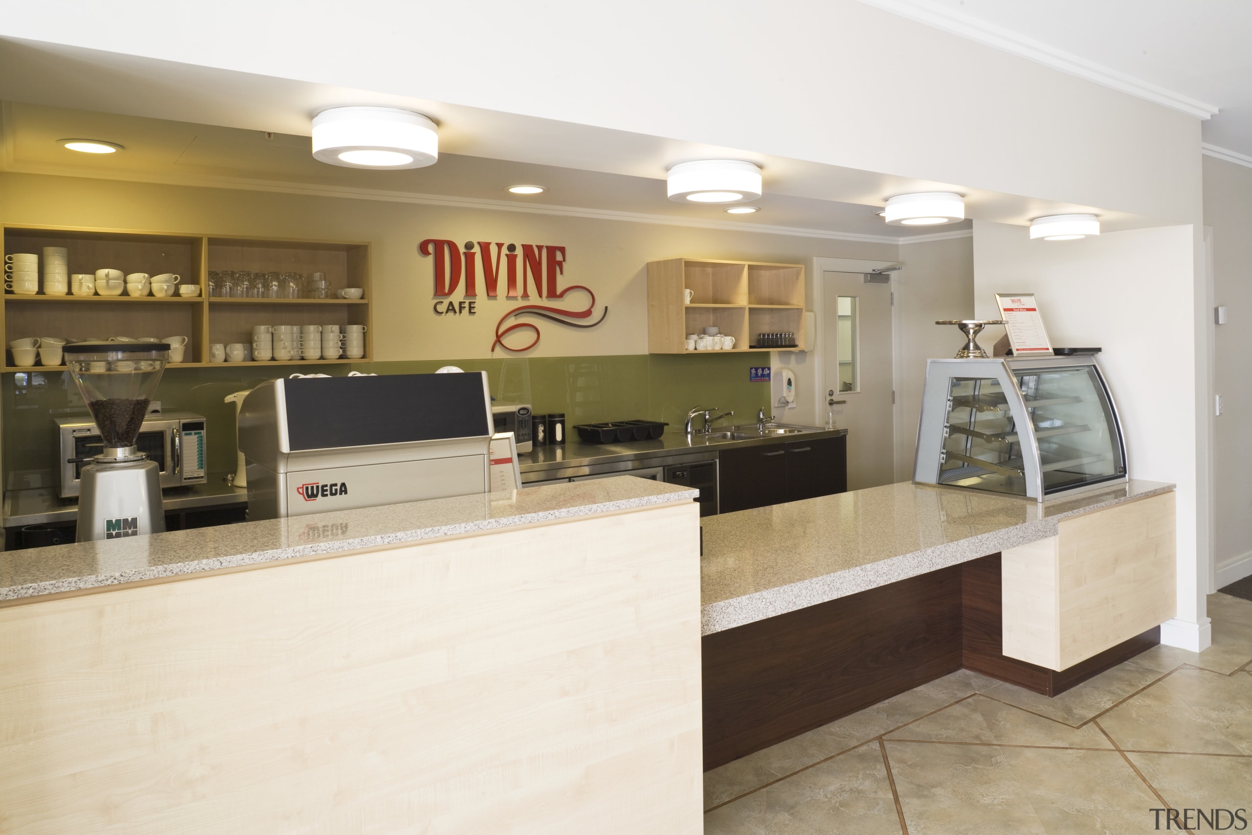 view of the cafeteria within the Summerset retirement countertop, interior design, kitchen, white, brown