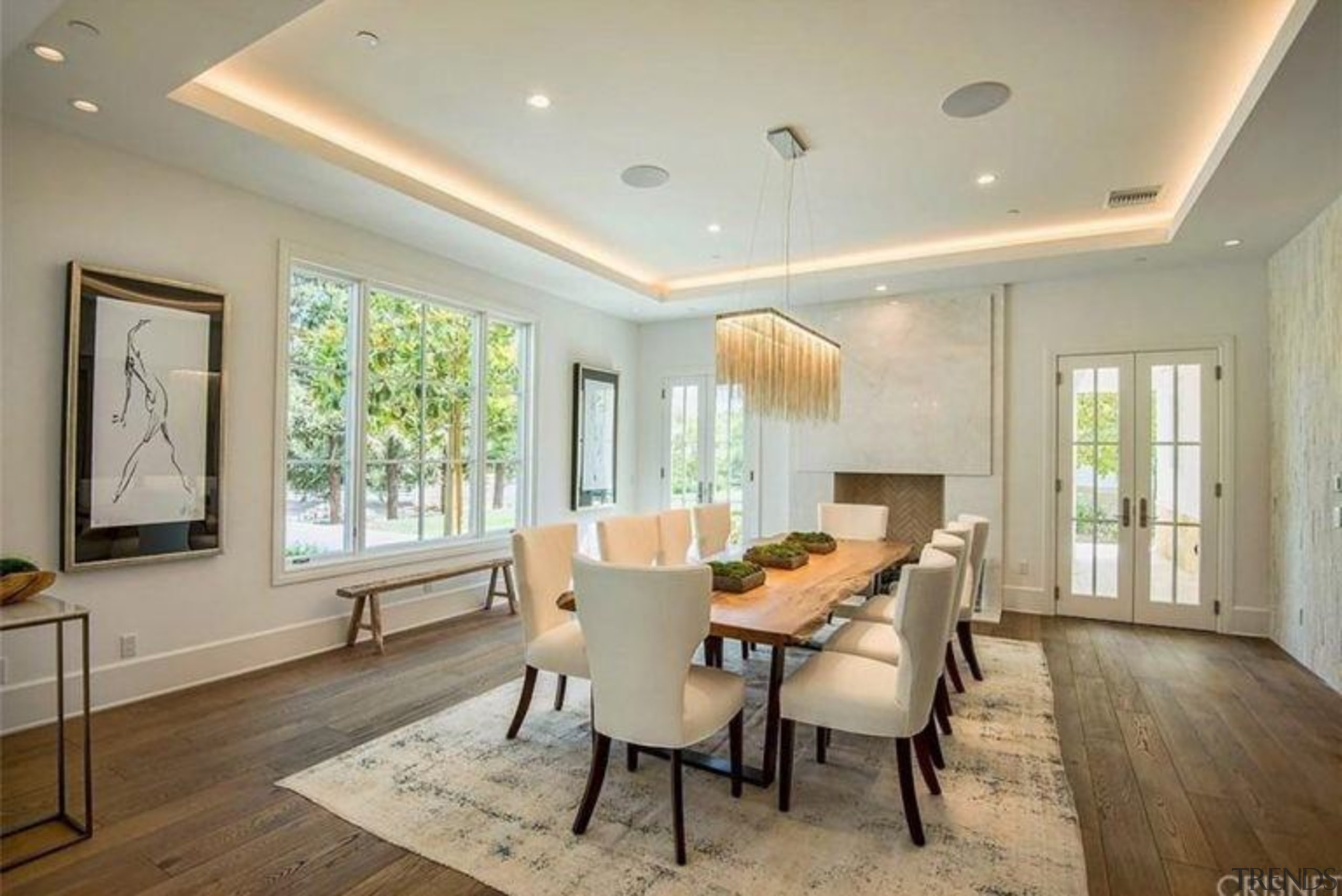The Weeknd’s massive US$19.995 million mansion - The ceiling, dining room, estate, floor, flooring, hardwood, home, interior design, living room, property, real estate, room, window, wood flooring, gray, orange