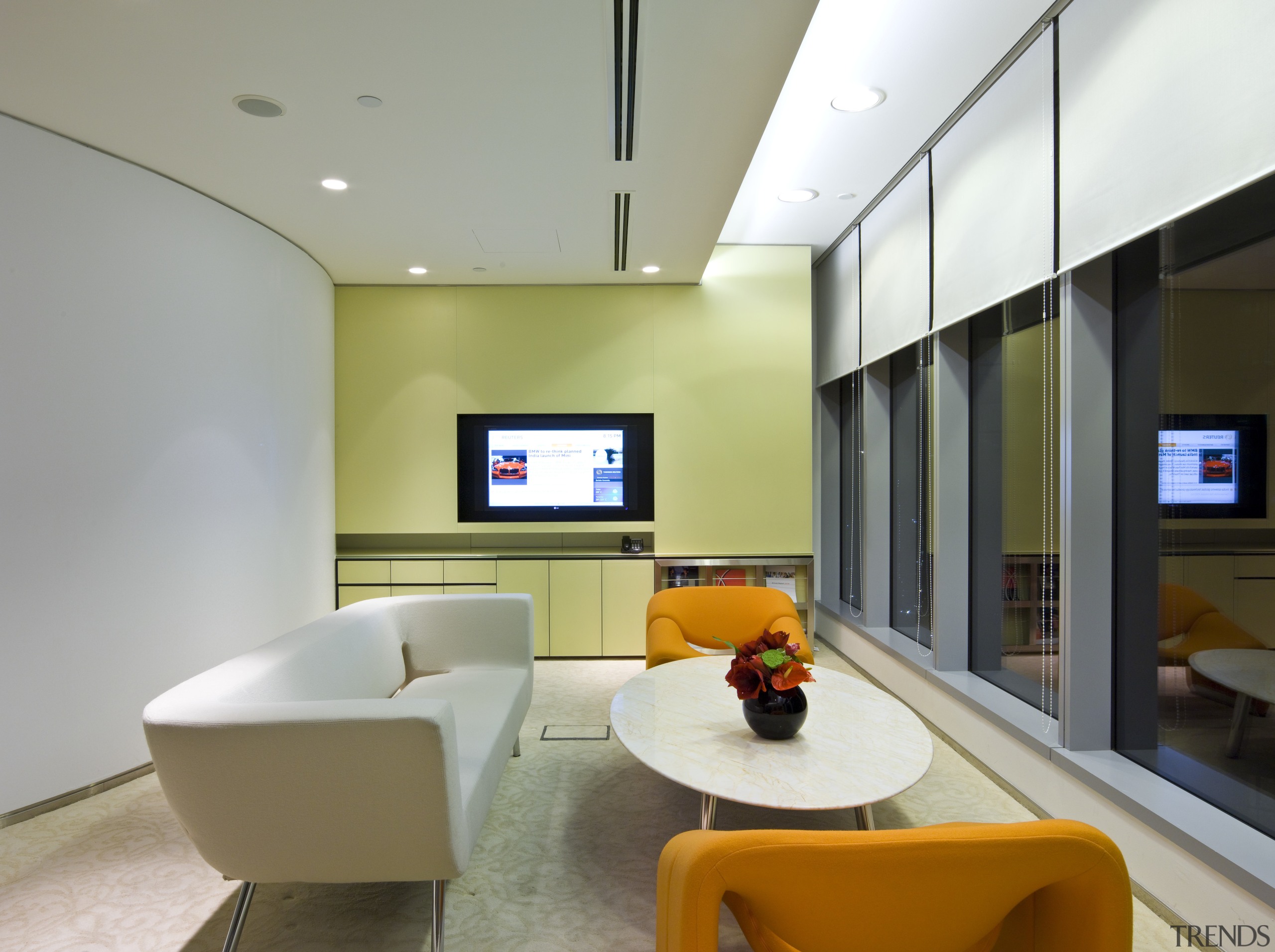 View of a casual meeting area featuring furnishings, architecture, ceiling, interior design, living room, real estate, gray, white