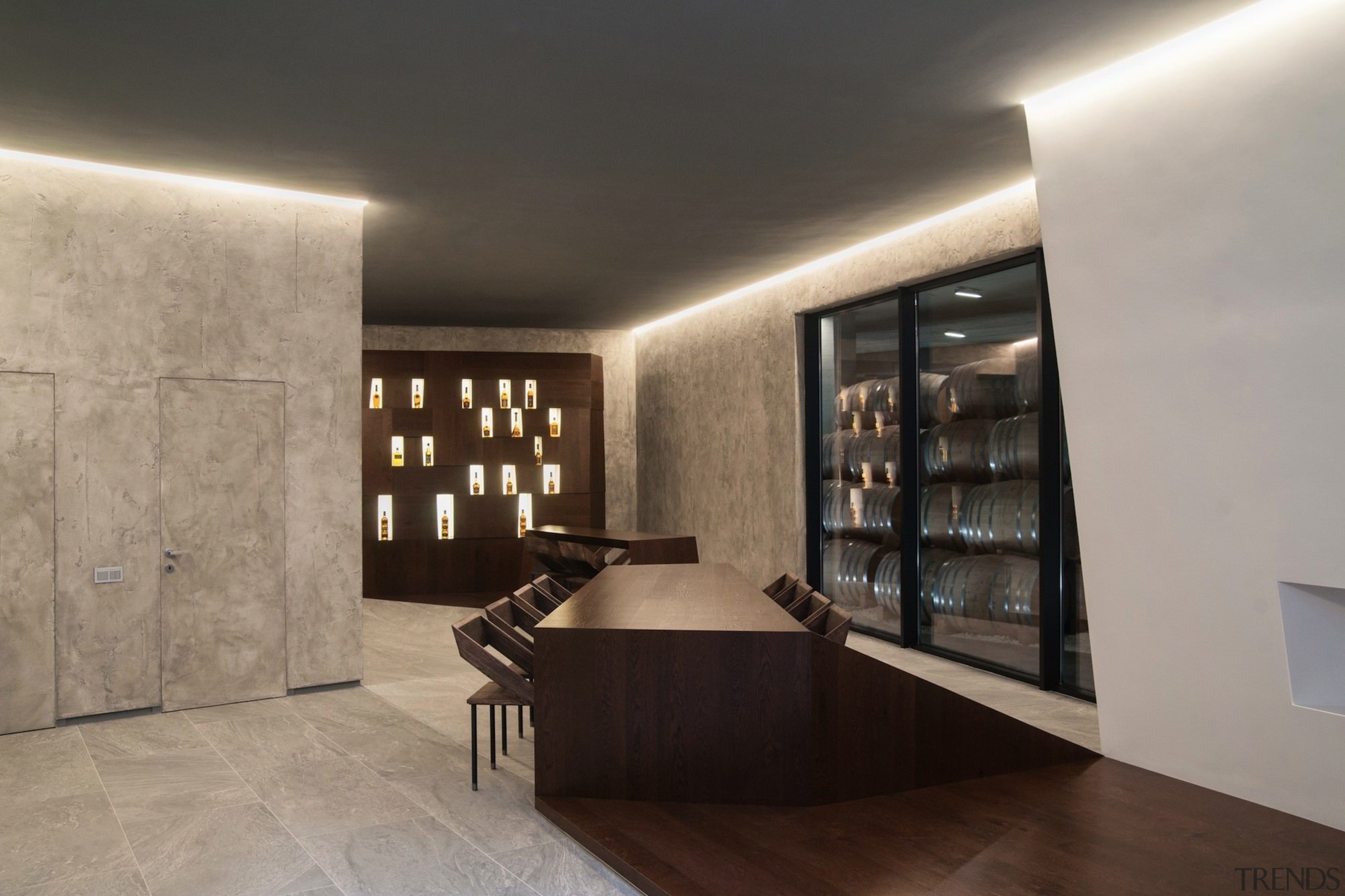 New brandy warehouse by TOTEMENT/PAPER - New brandy floor, flooring, furniture, interior design, lobby, wall, gray, black