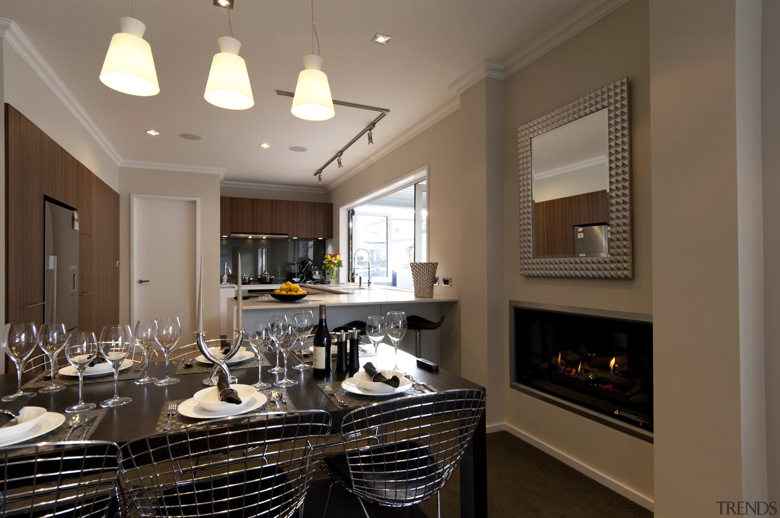 View of a renovated show home kitchen designed countertop, interior design, kitchen, real estate, room, brown, gray