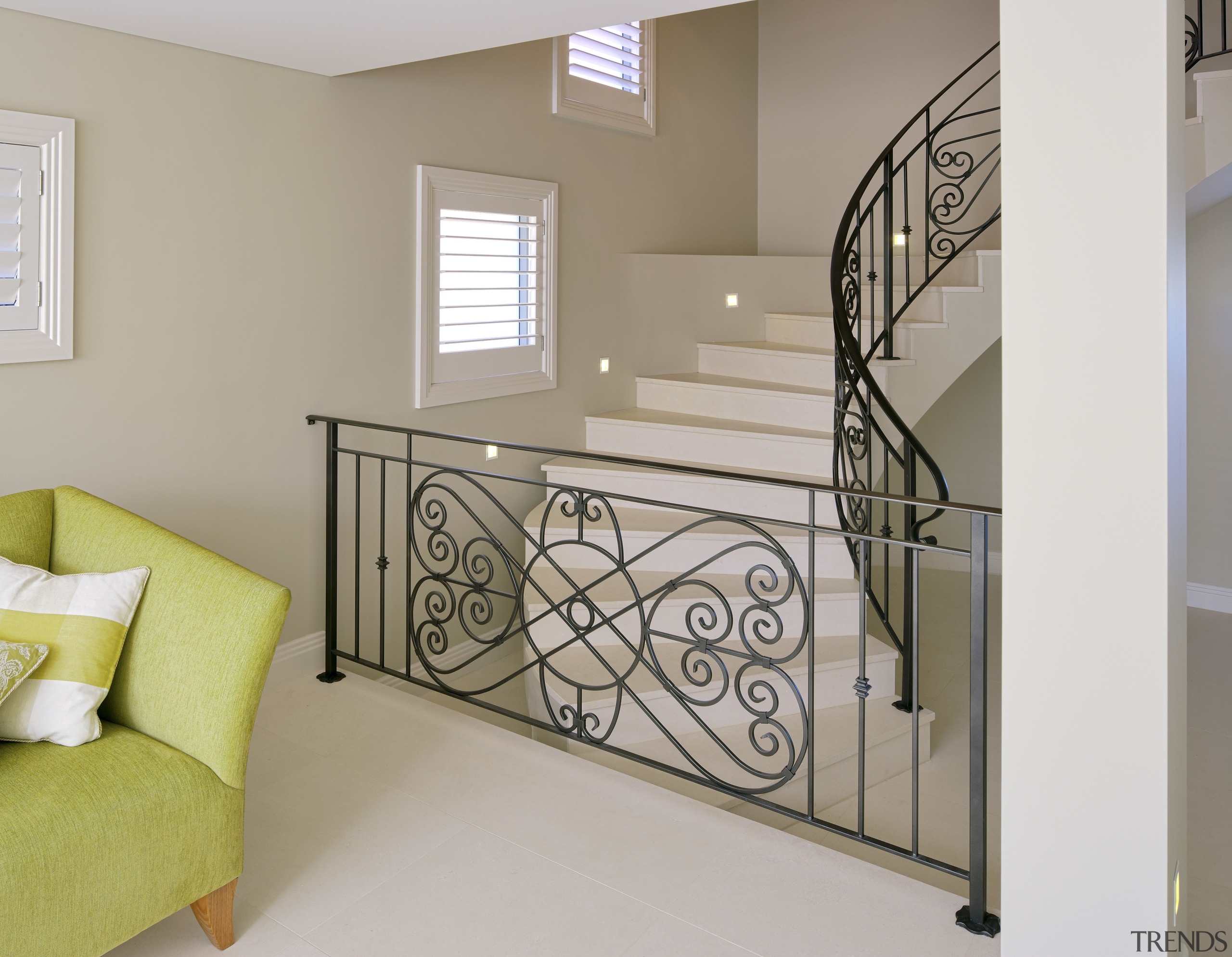 View of this contemporary home - View of baluster, bed frame, floor, handrail, home, interior design, iron, product, room, stairs, wall, window, gray