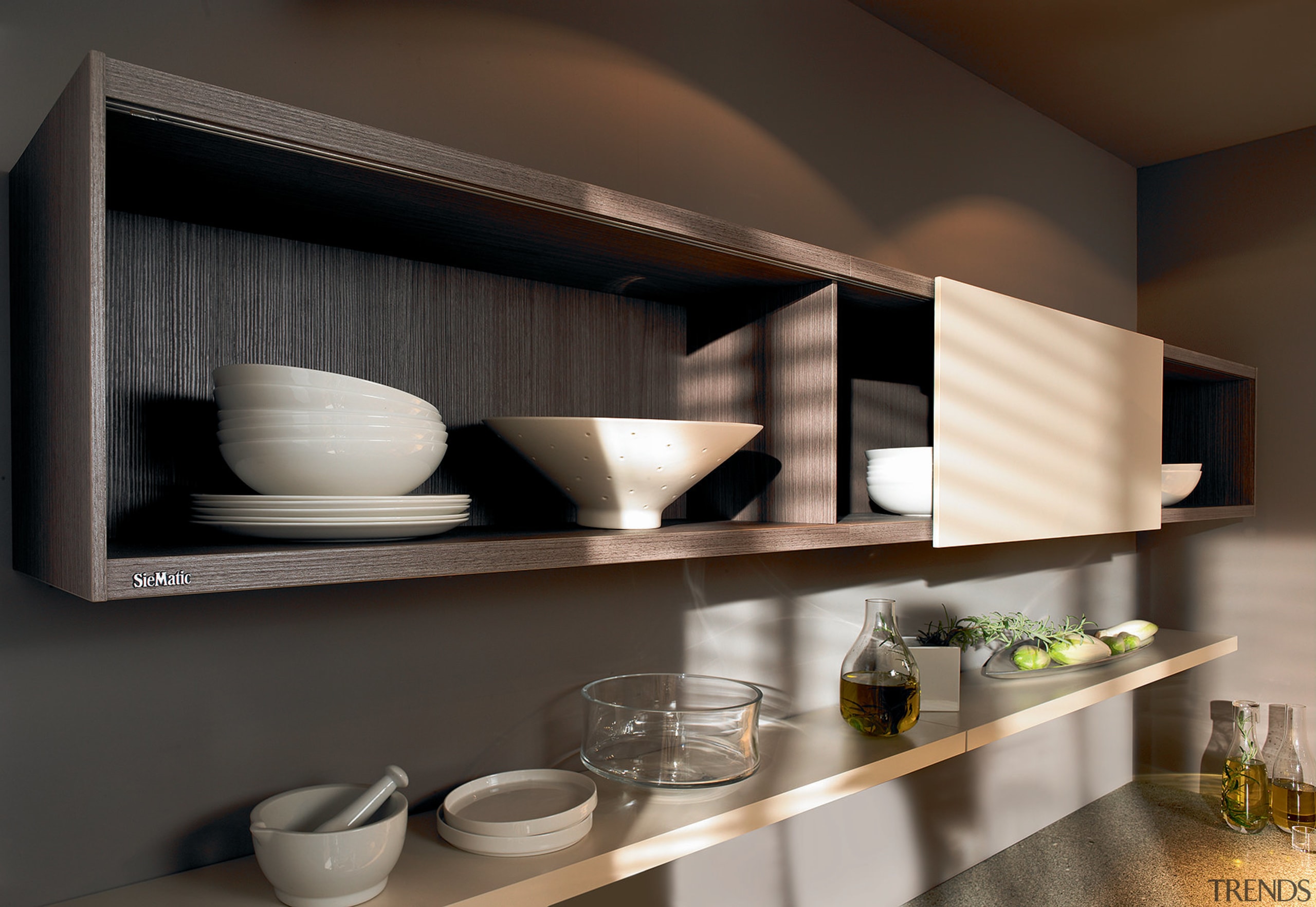 View of kitchen which features innovative storage solutions furniture, interior design, product design, shelf, shelving, black