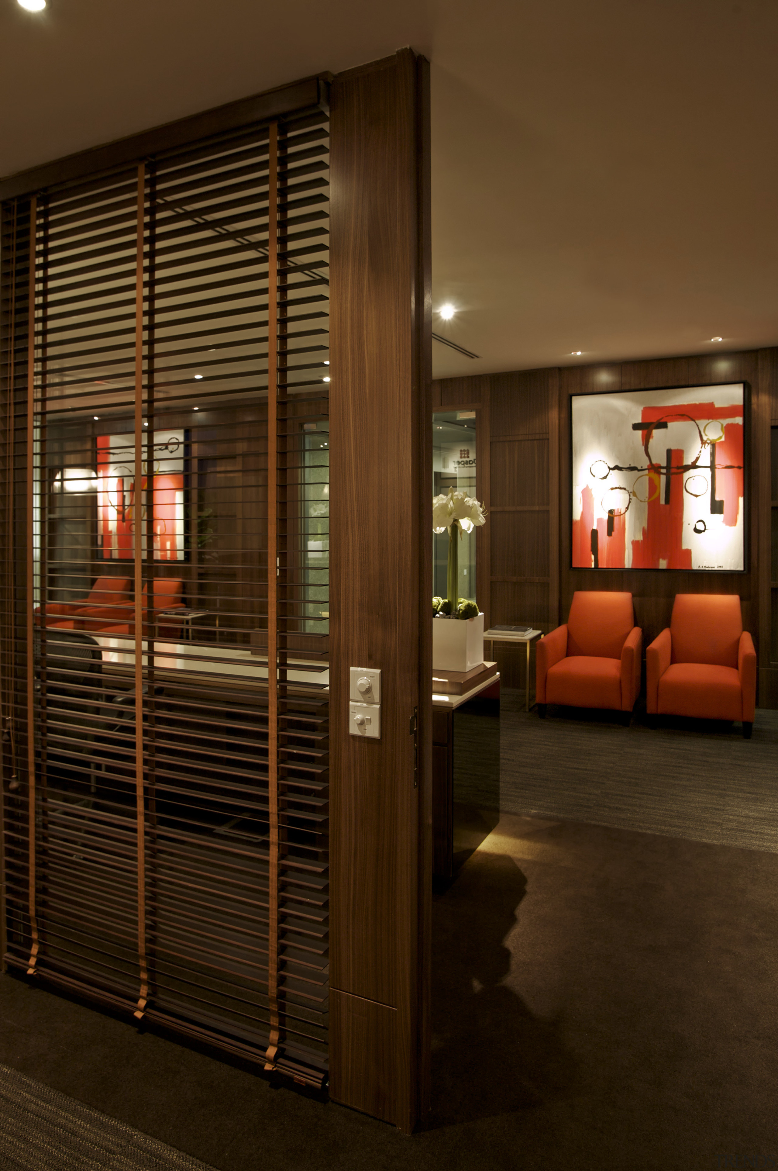 View of updated offices featuring dark timber floors, door, interior design, lobby, brown