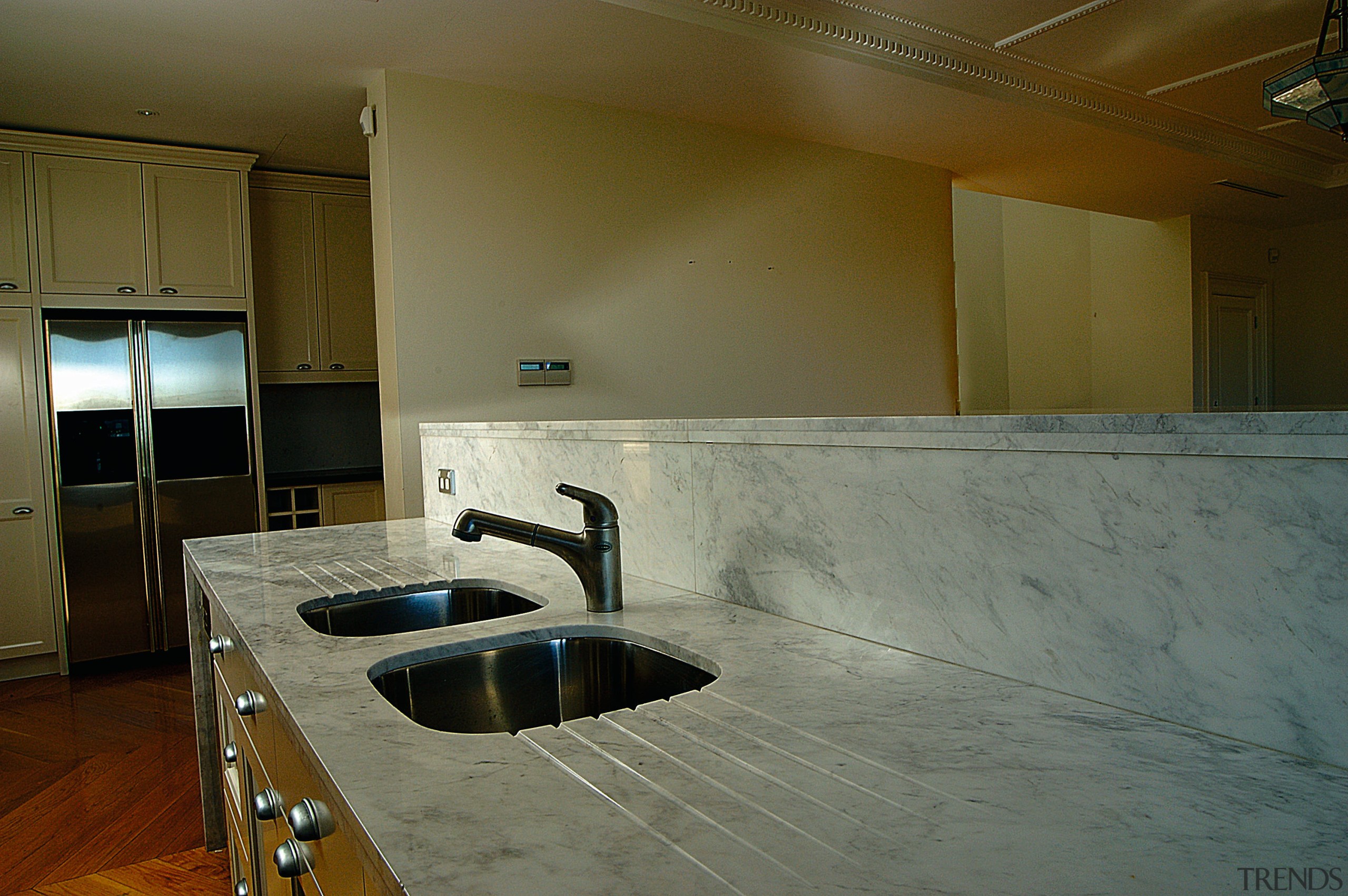 view of a marble benchtop with integrated drainage architecture, countertop, floor, flooring, home, house, interior design, kitchen, room, wood, brown, gray