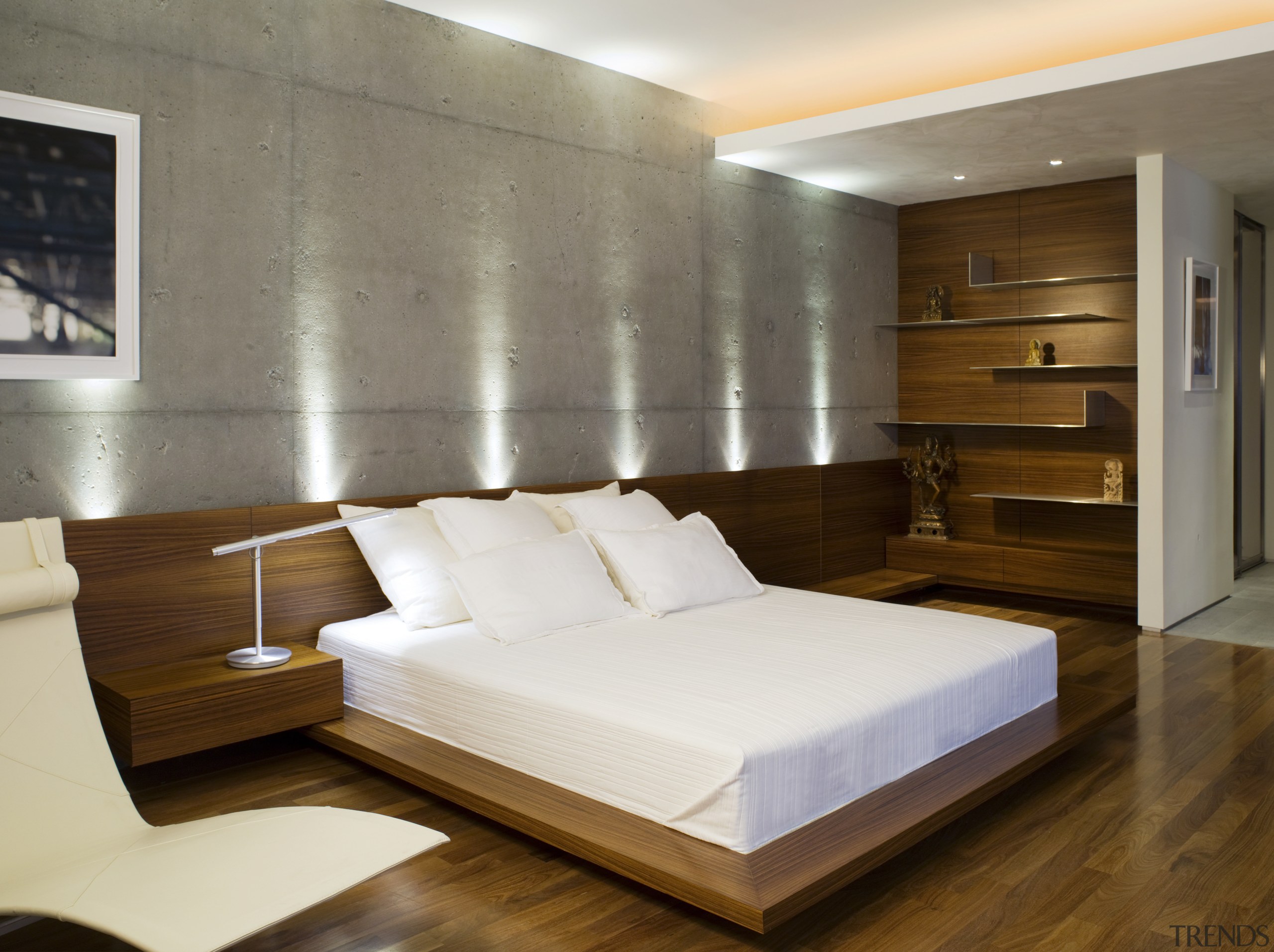 Master bedroom area. - Master bedroom area. - architecture, bed, bed frame, ceiling, floor, furniture, interior design, mattress, room, suite, wall, wood, wood flooring, brown, gray