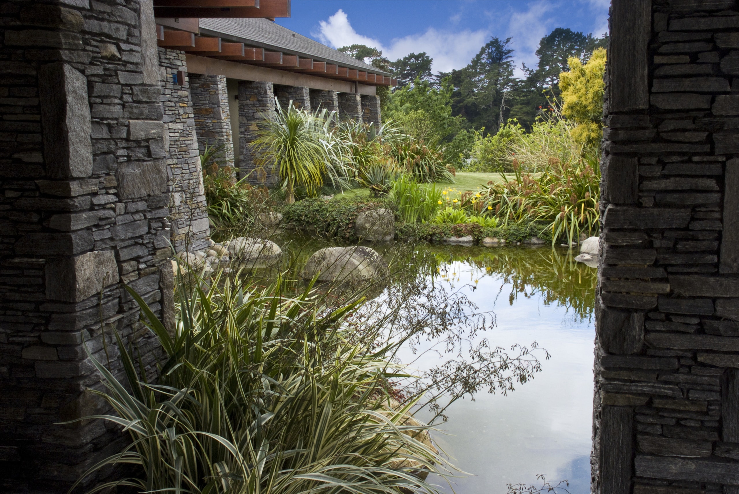 View of concrete rock pool which is made estate, garden, grass, home, landscape, landscaping, plant, property, real estate, reflection, water, black