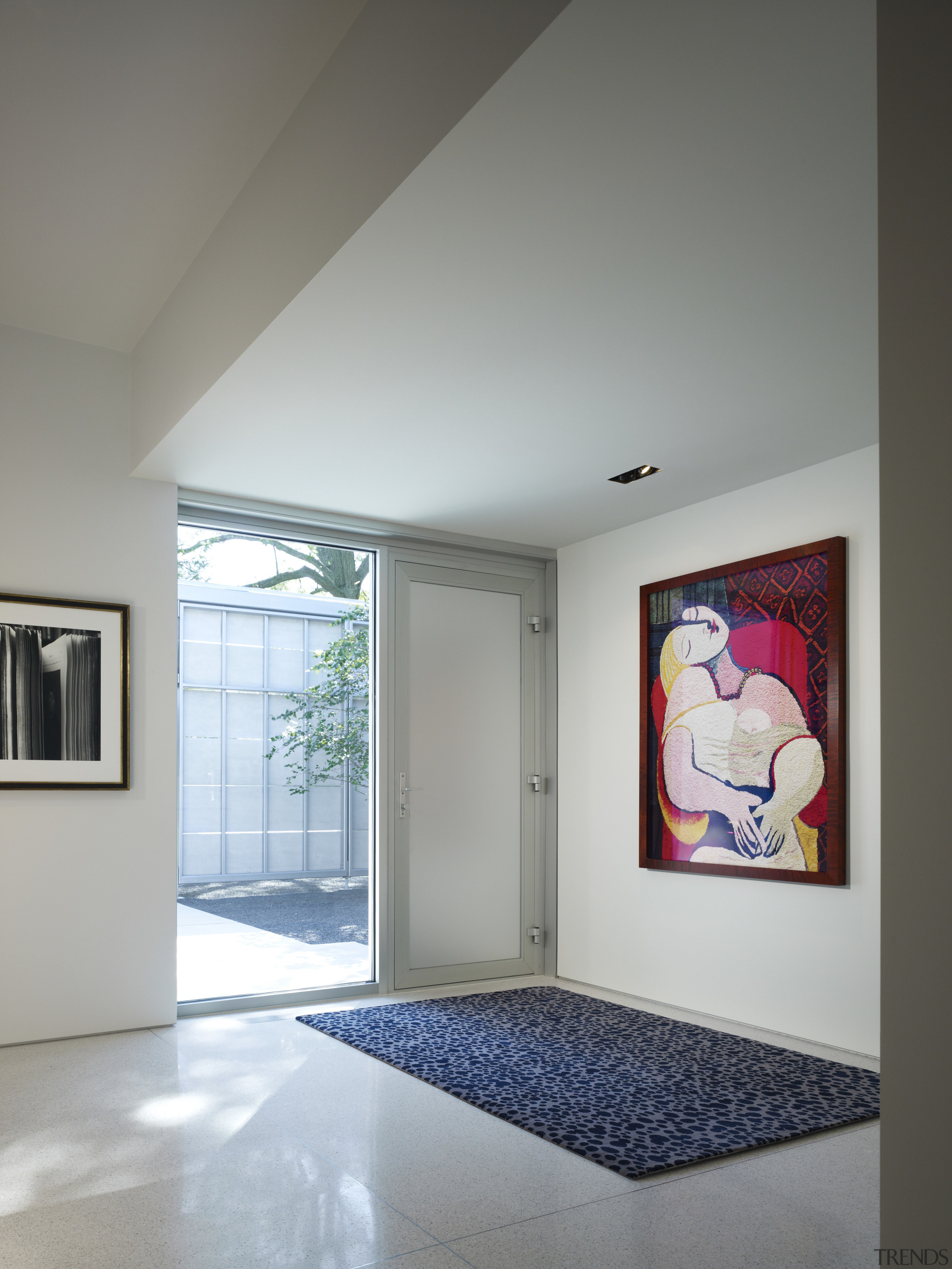 In this entry foyer, the painting at right architecture, ceiling, daylighting, floor, home, house, interior design, room, window, gray