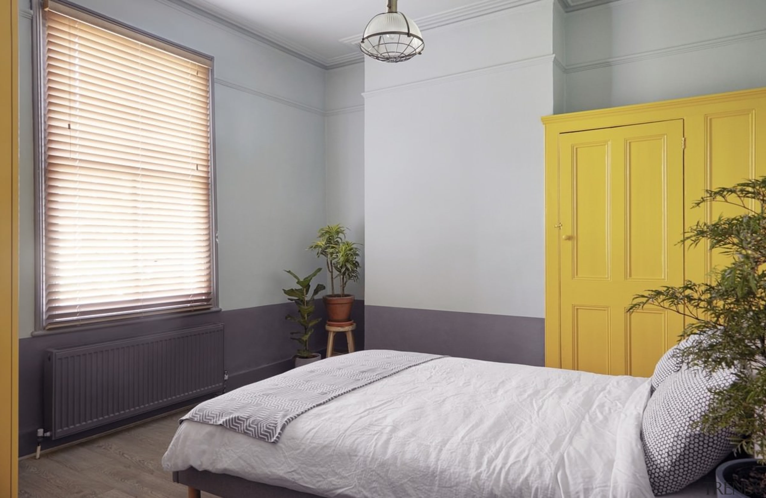 A yellow wardrobe adds colour to the bedroom bed frame, bedroom, ceiling, curtain, door, floor, home, interior design, property, real estate, room, shade, wall, window, window blind, window covering, window treatment, wood, gray
