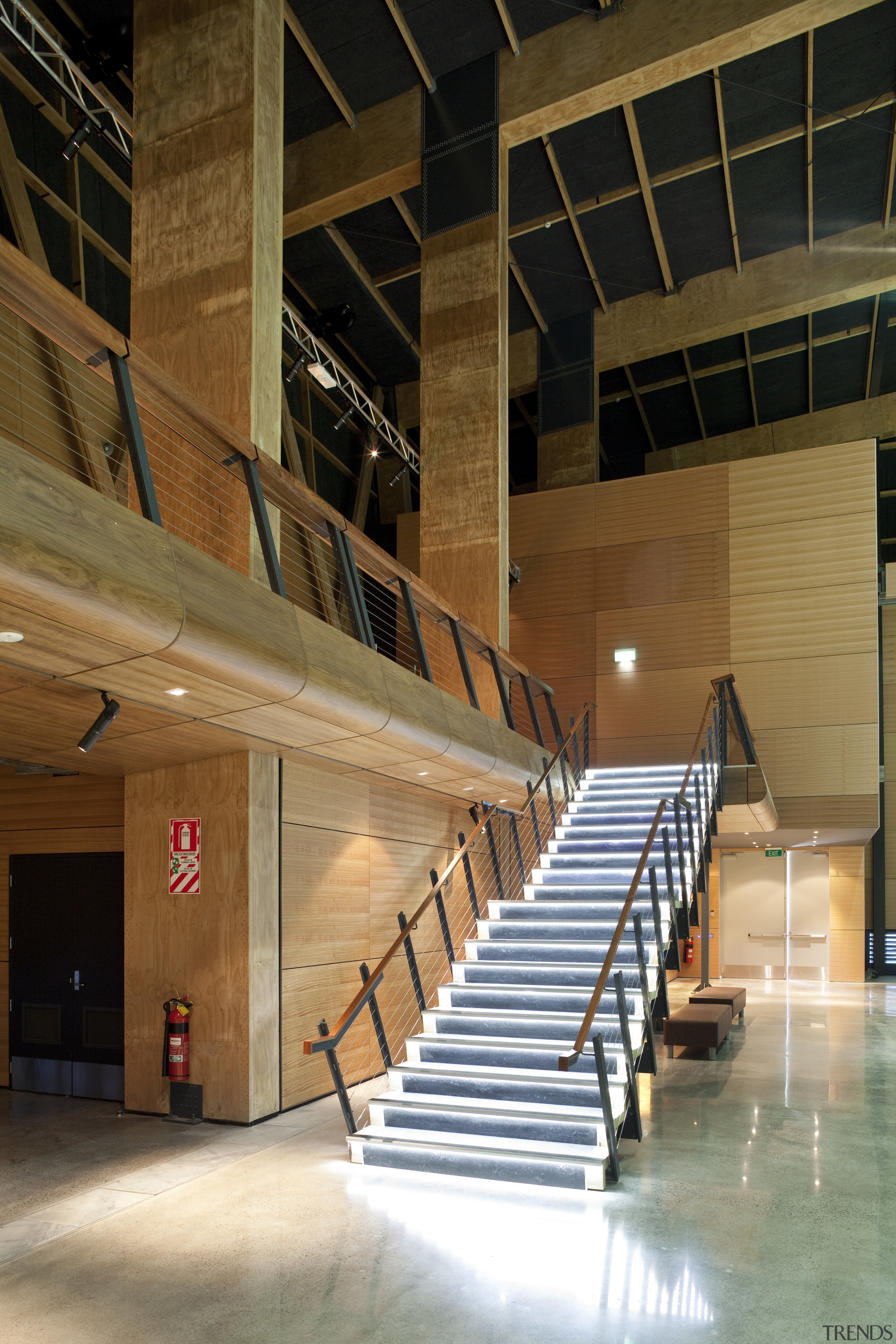 Here is a view of MOTAT's Arviation Display architecture, building, daylighting, interior design, lobby, performing arts center, stairs, structure, tourist attraction, wood, brown