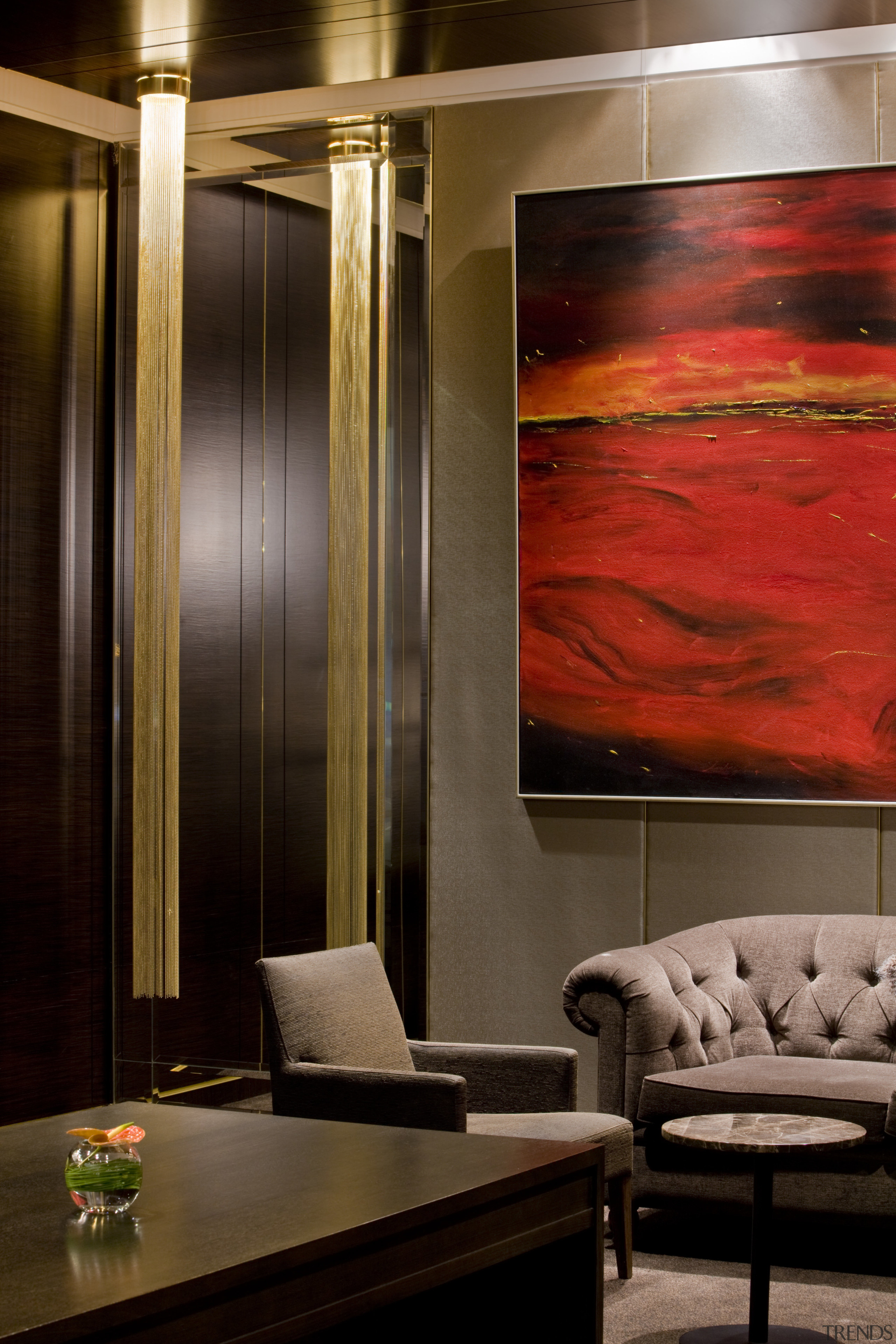 Interior view of the refurbished Sofitel Brisbane which ceiling, interior design, lighting, wall, brown, black