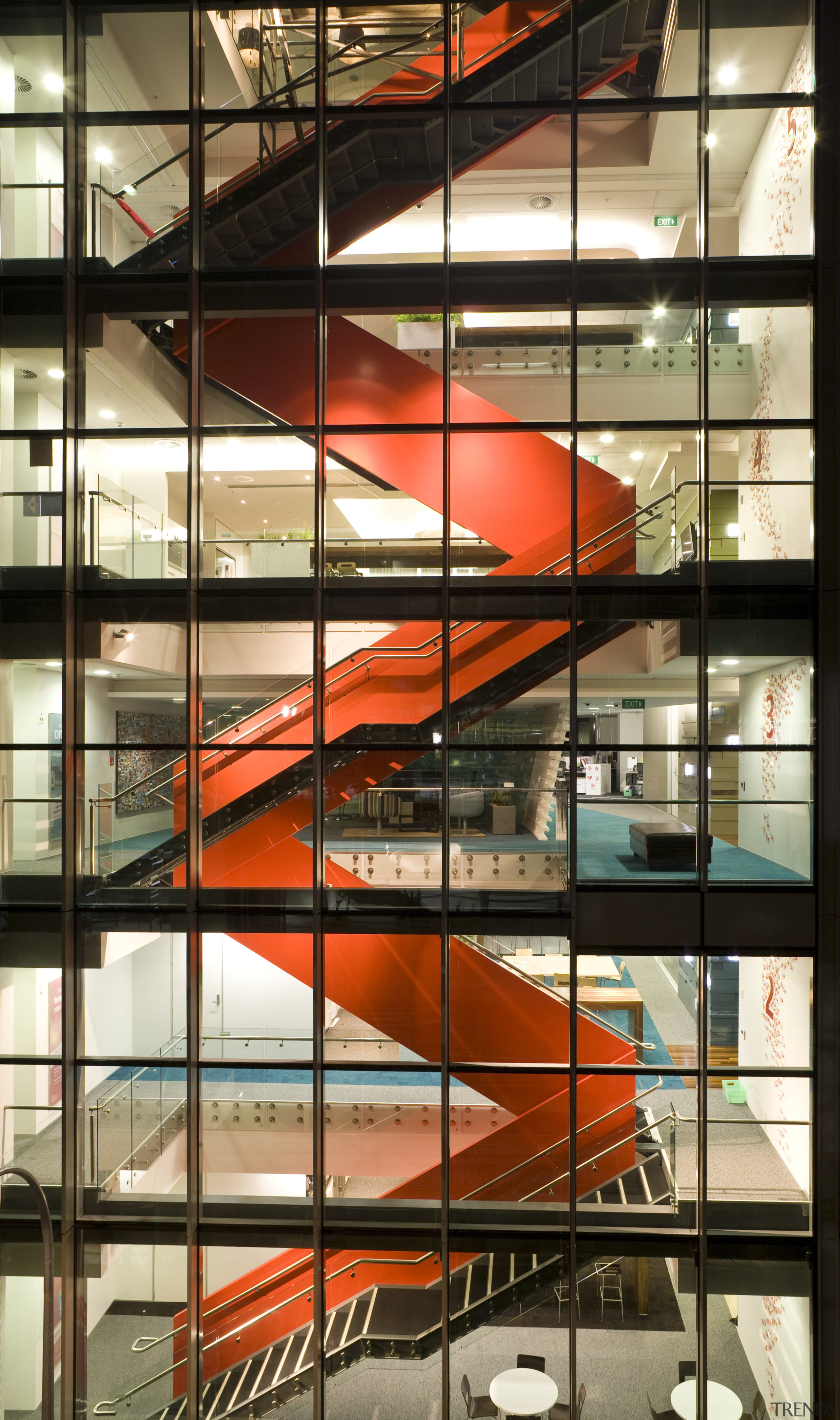 View of red stairway that zigzags up the architecture, building, daylighting, facade, glass, line, window, black