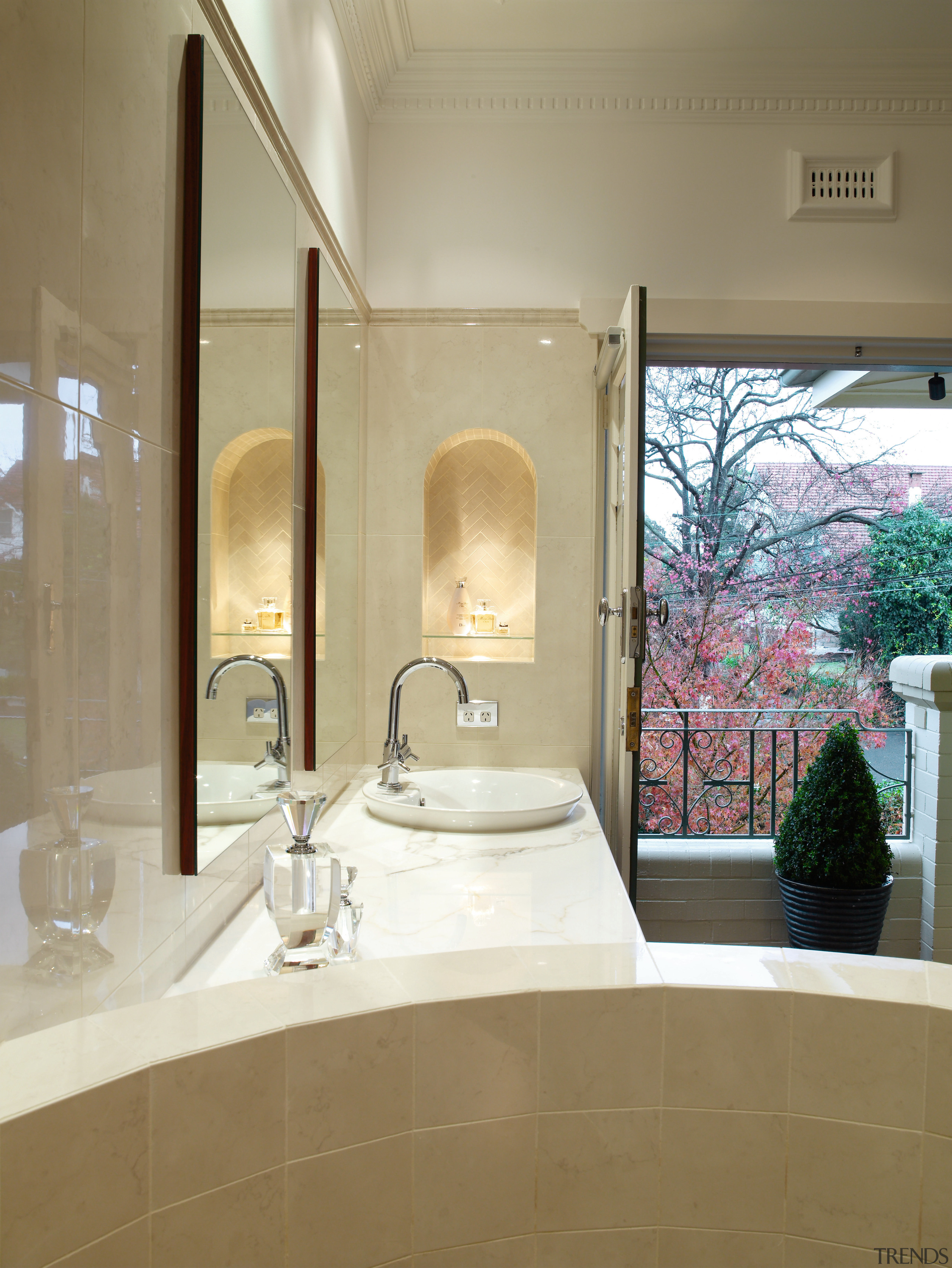 A view of the master ensuite, tiled floors architecture, bathroom, countertop, home, interior design, room, sink, brown, orange