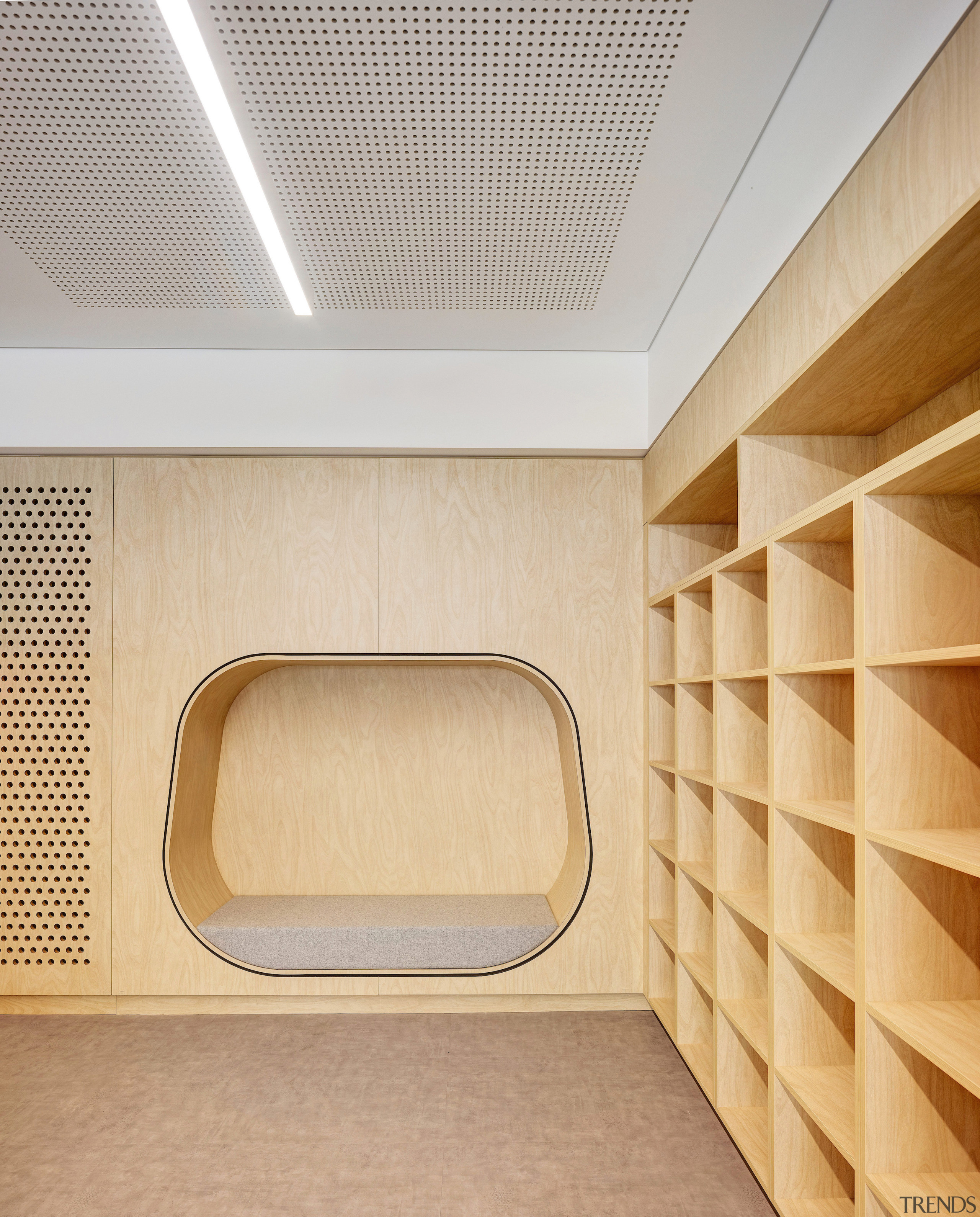 Even the wood-lined locker room has organic, soft 