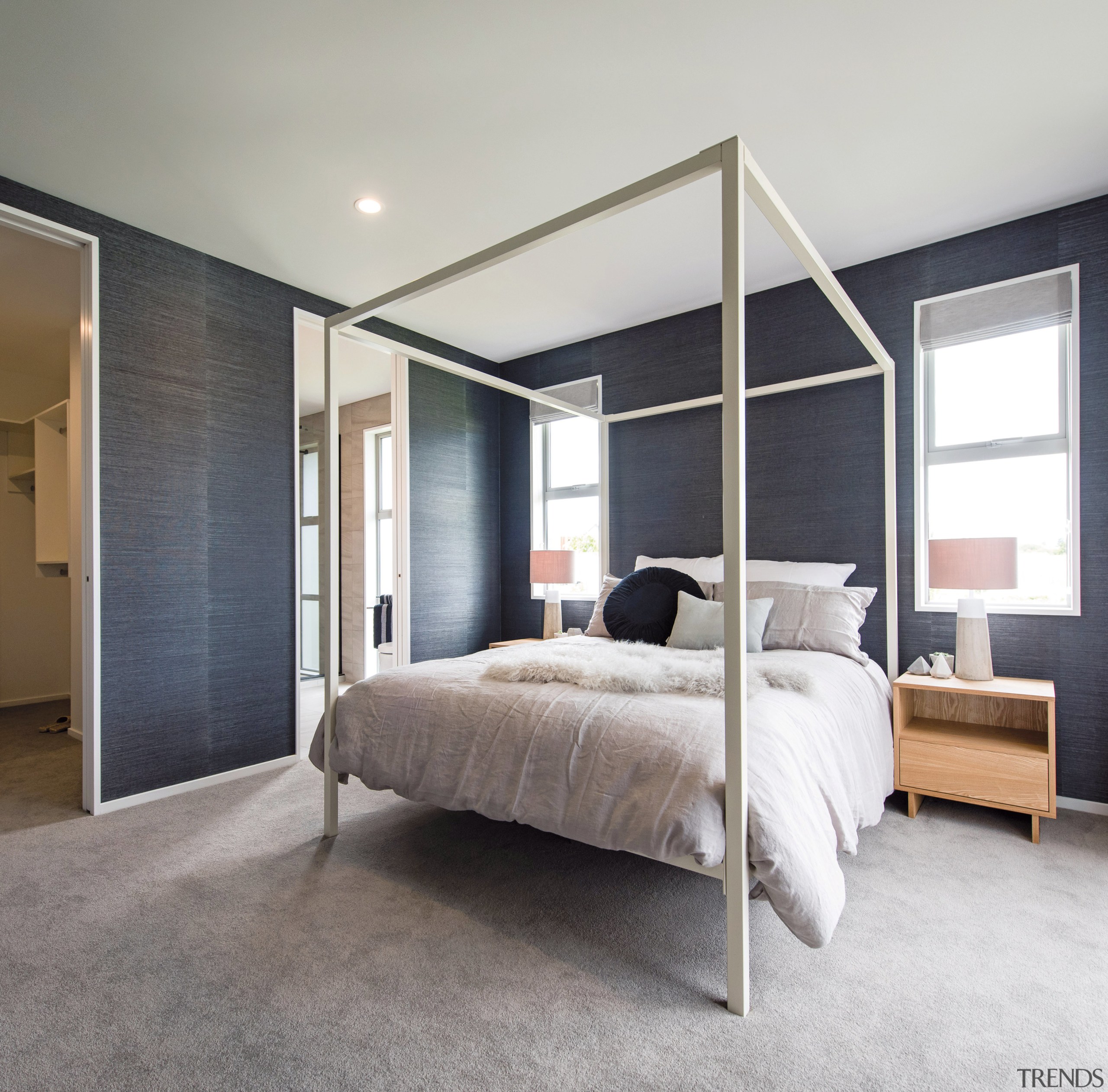 An open, airy connection between master bedroom and architecture, bed frame, bedroom, ceiling, floor, flooring, furniture, home, interior design, real estate, wall, window, wood, gray, white