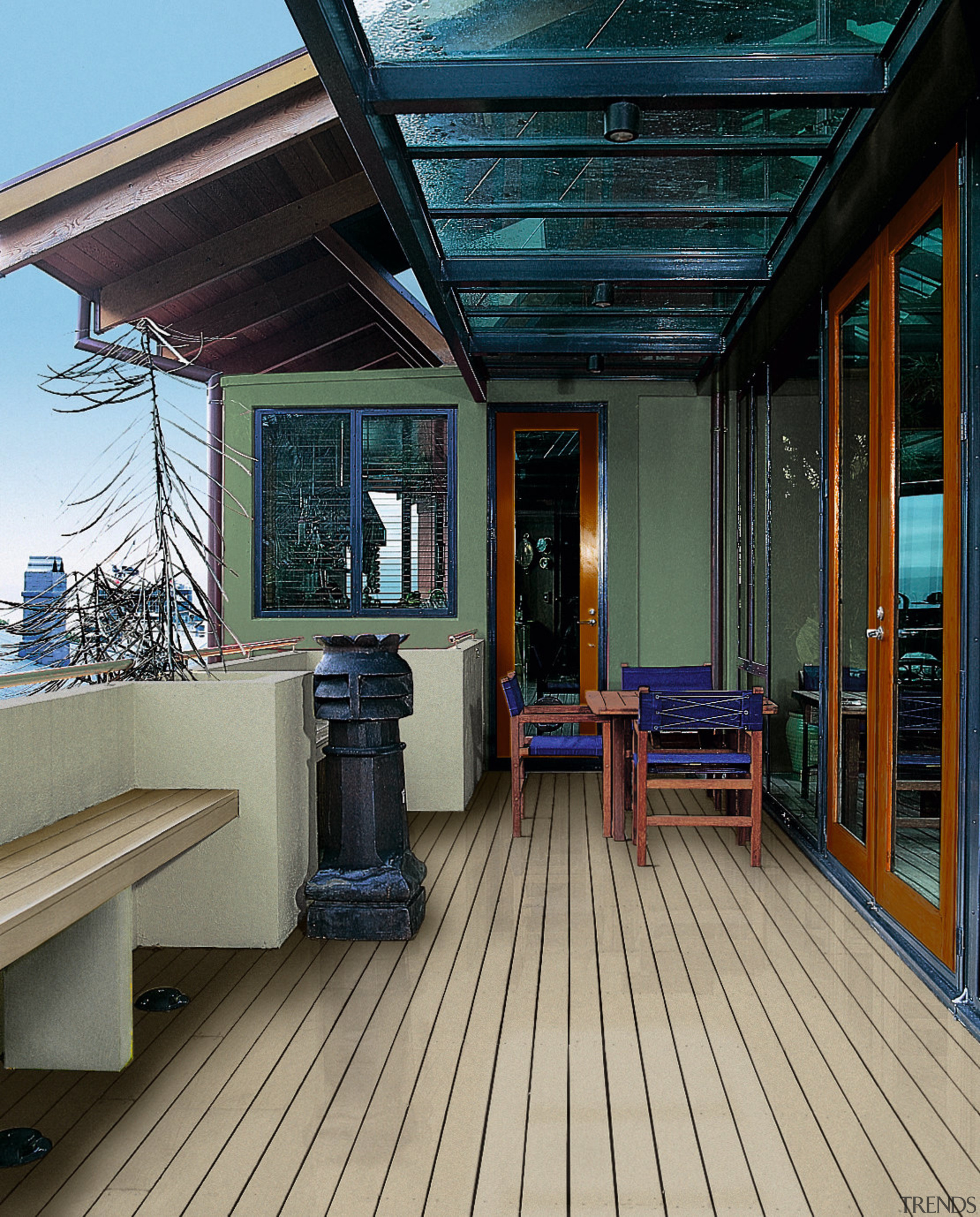 View of decking with grey timber, timber framed deck, floor, home, house, outdoor structure, real estate, roof, wood, black