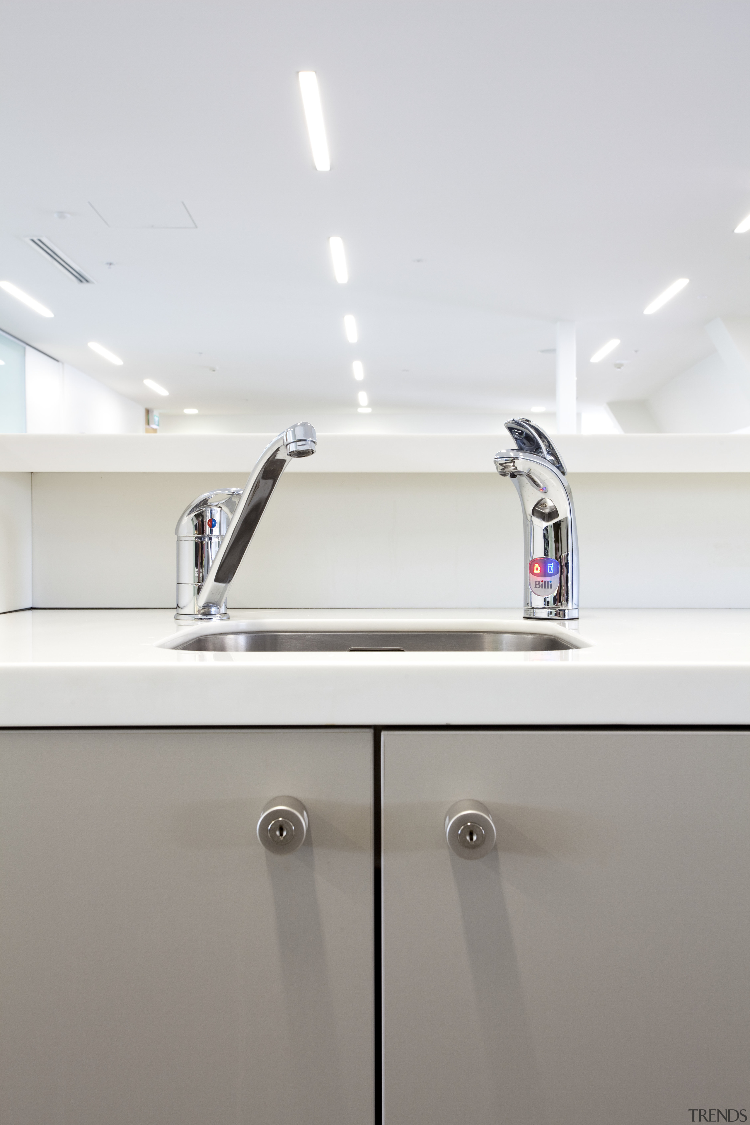 Seen here is a drinking-water system designed by bathroom, lighting, plumbing fixture, product design, sink, tap, white, gray