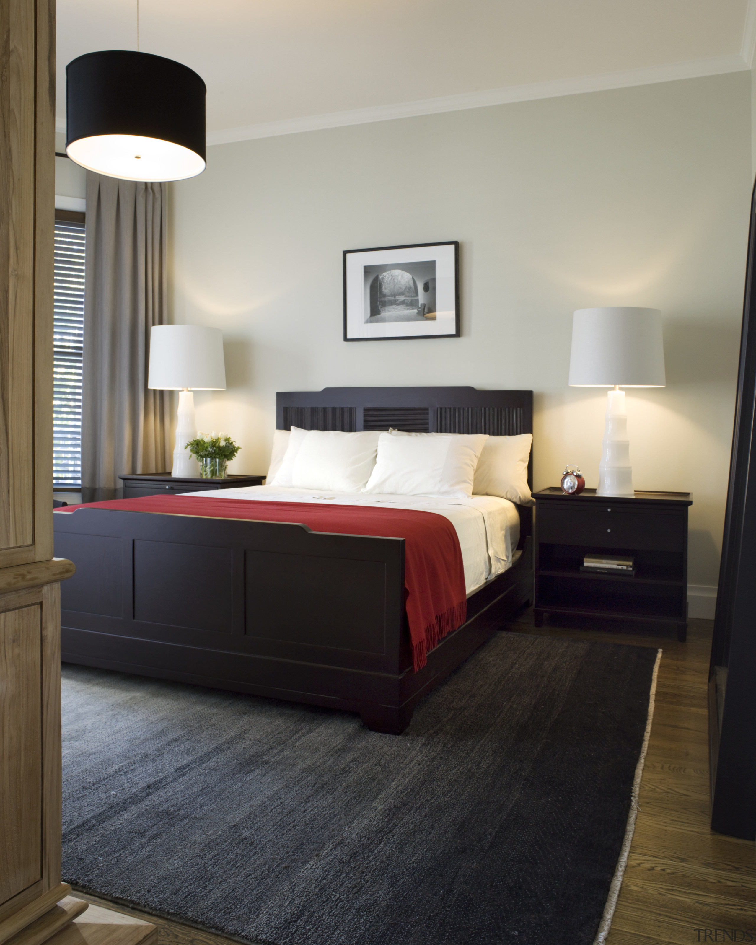 Bedroom view of a Victorian residence has retained bed, bed frame, bed sheet, bedroom, ceiling, floor, flooring, furniture, hardwood, interior design, mattress, room, suite, wall, wood, wood flooring, gray, black
