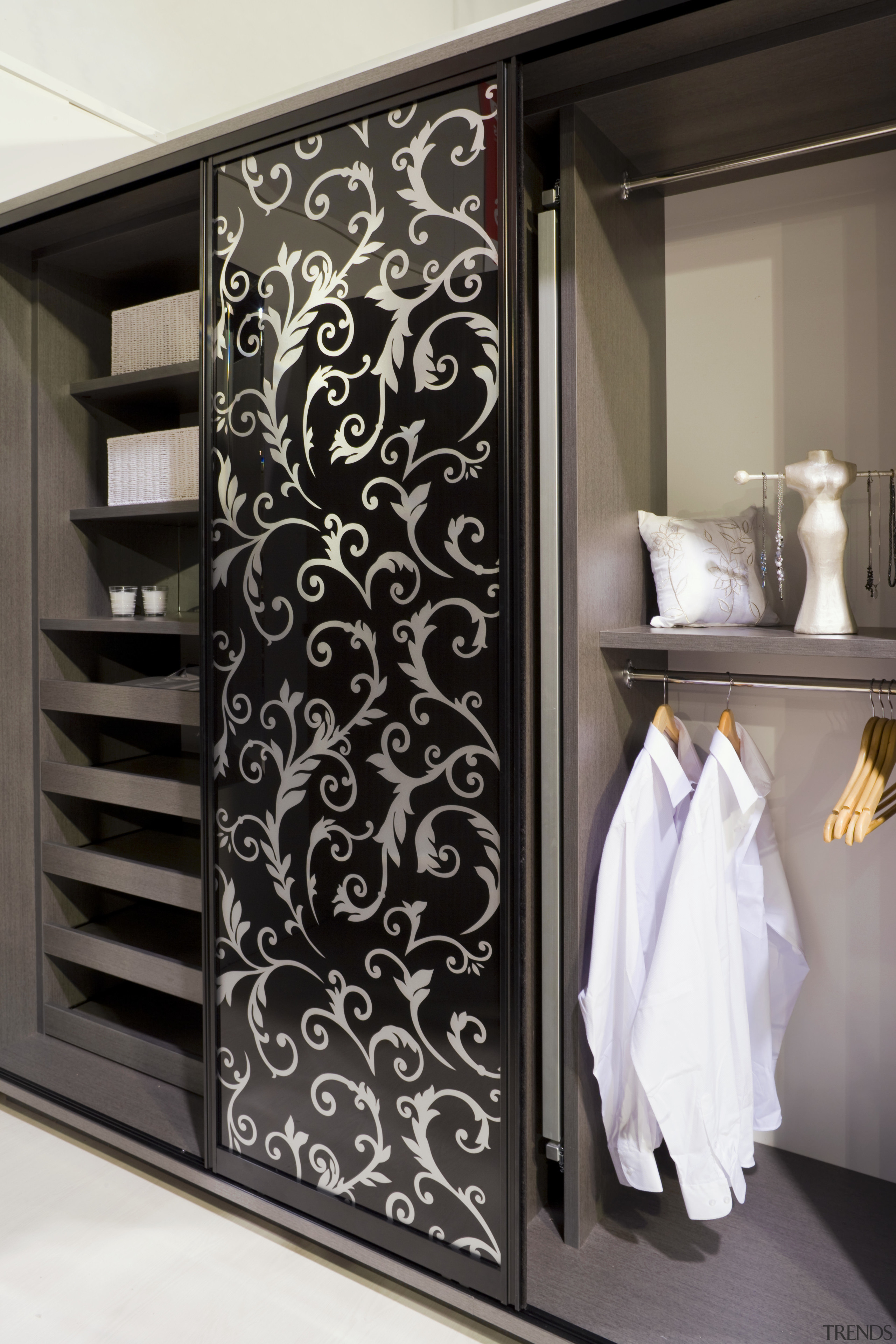 This grey linear patterned wardrobe from Innovative Interiors' closet, furniture, interior design, wardrobe, black, gray