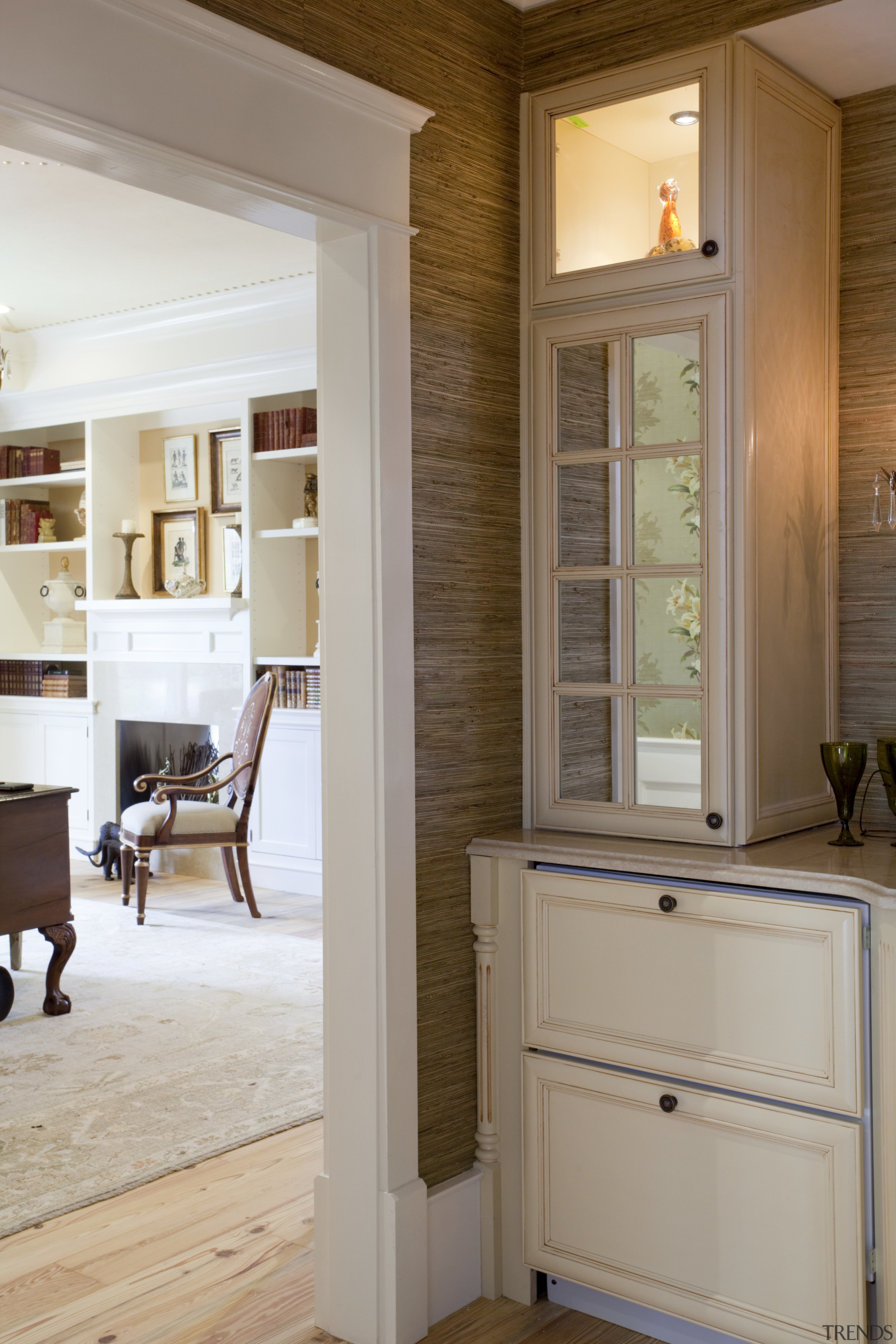 View of the entrance to the master bedroom. cabinetry, floor, flooring, furniture, hardwood, home, interior design, room, window, wood flooring, gray, brown