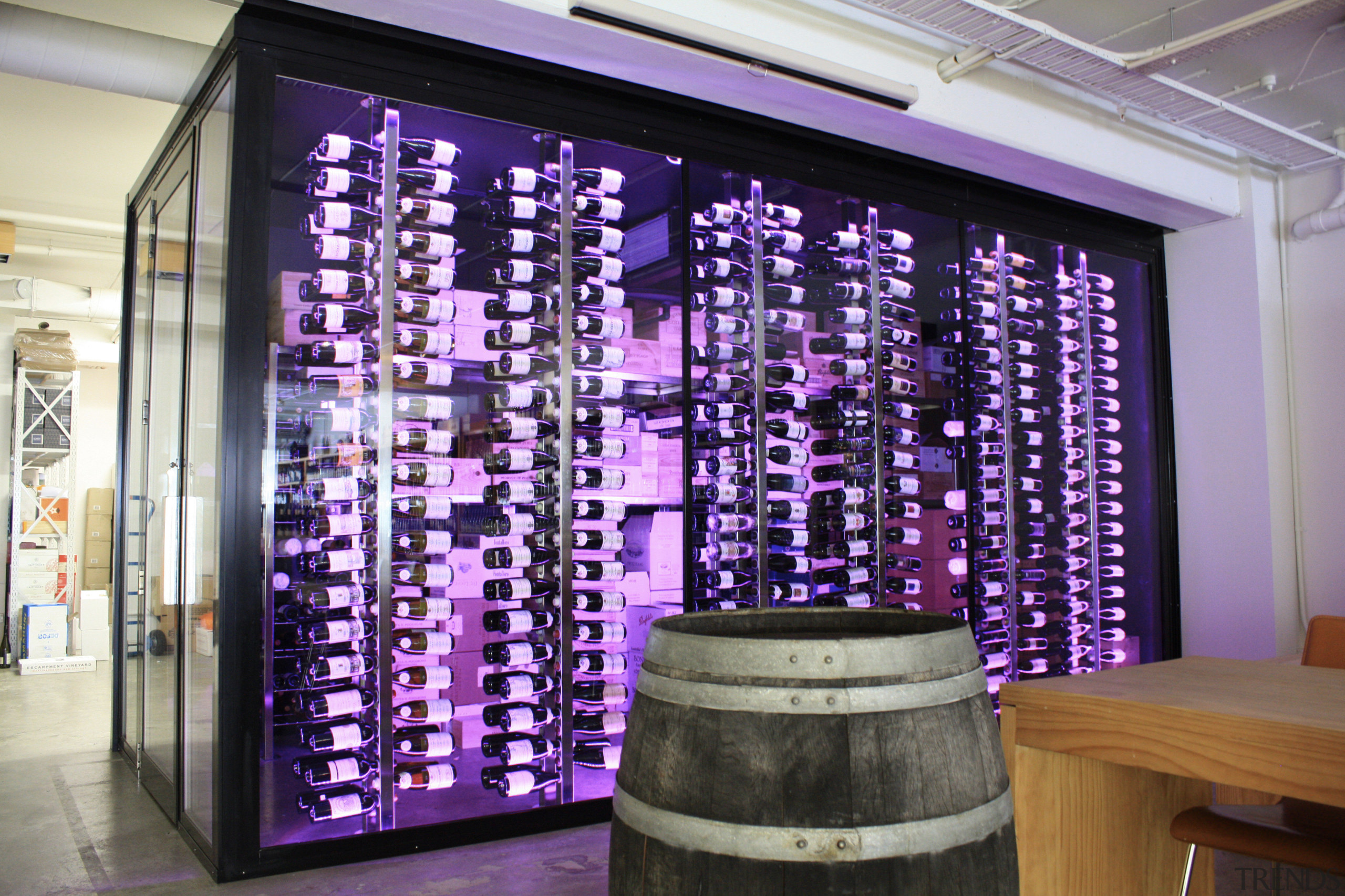 View of refrigeration solution at wine retailer. - glass, interior design, purple, window, purple