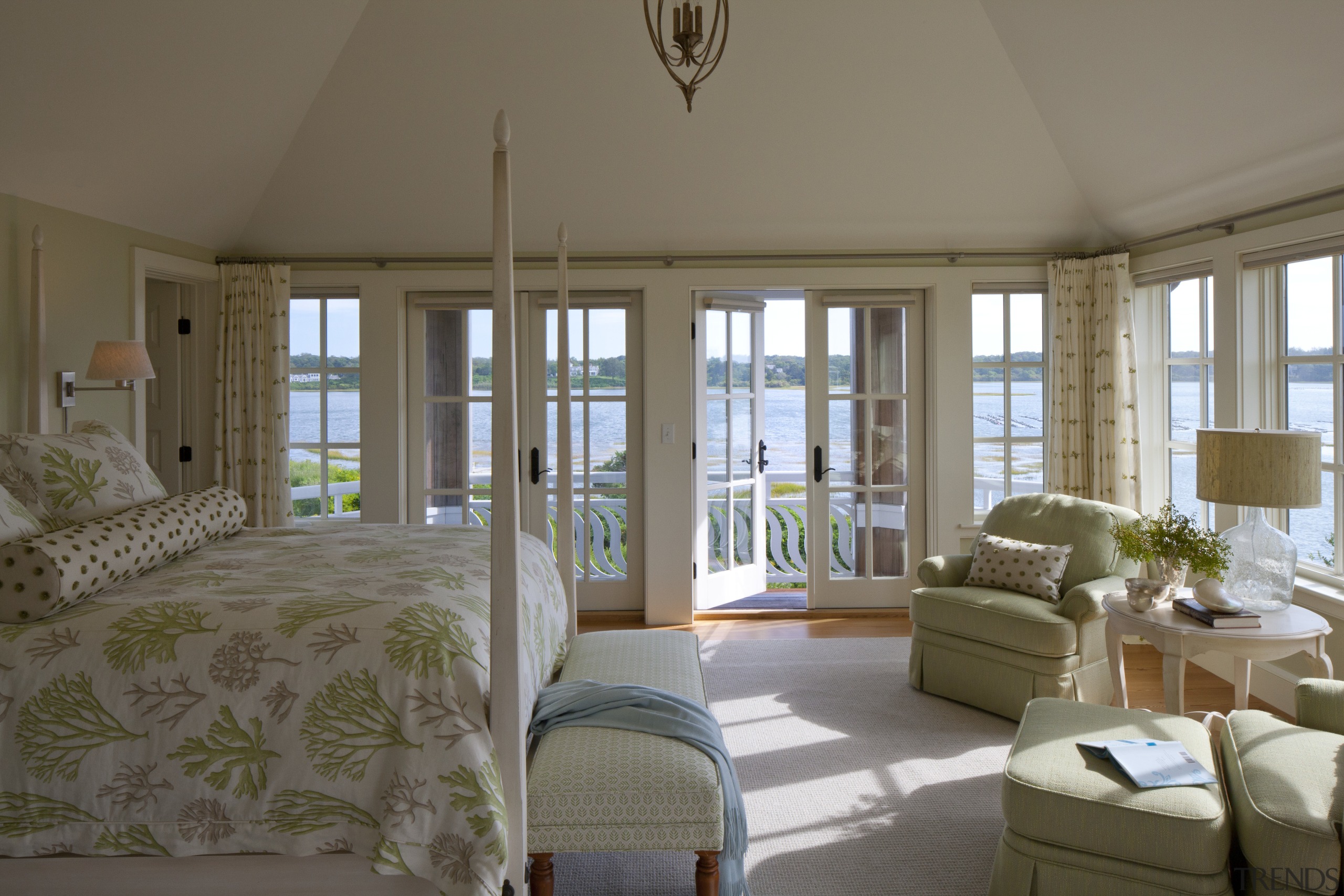 The master bedroom in this Cape Cod home ceiling, daylighting, estate, home, house, interior design, living room, real estate, room, window, window treatment, gray, brown