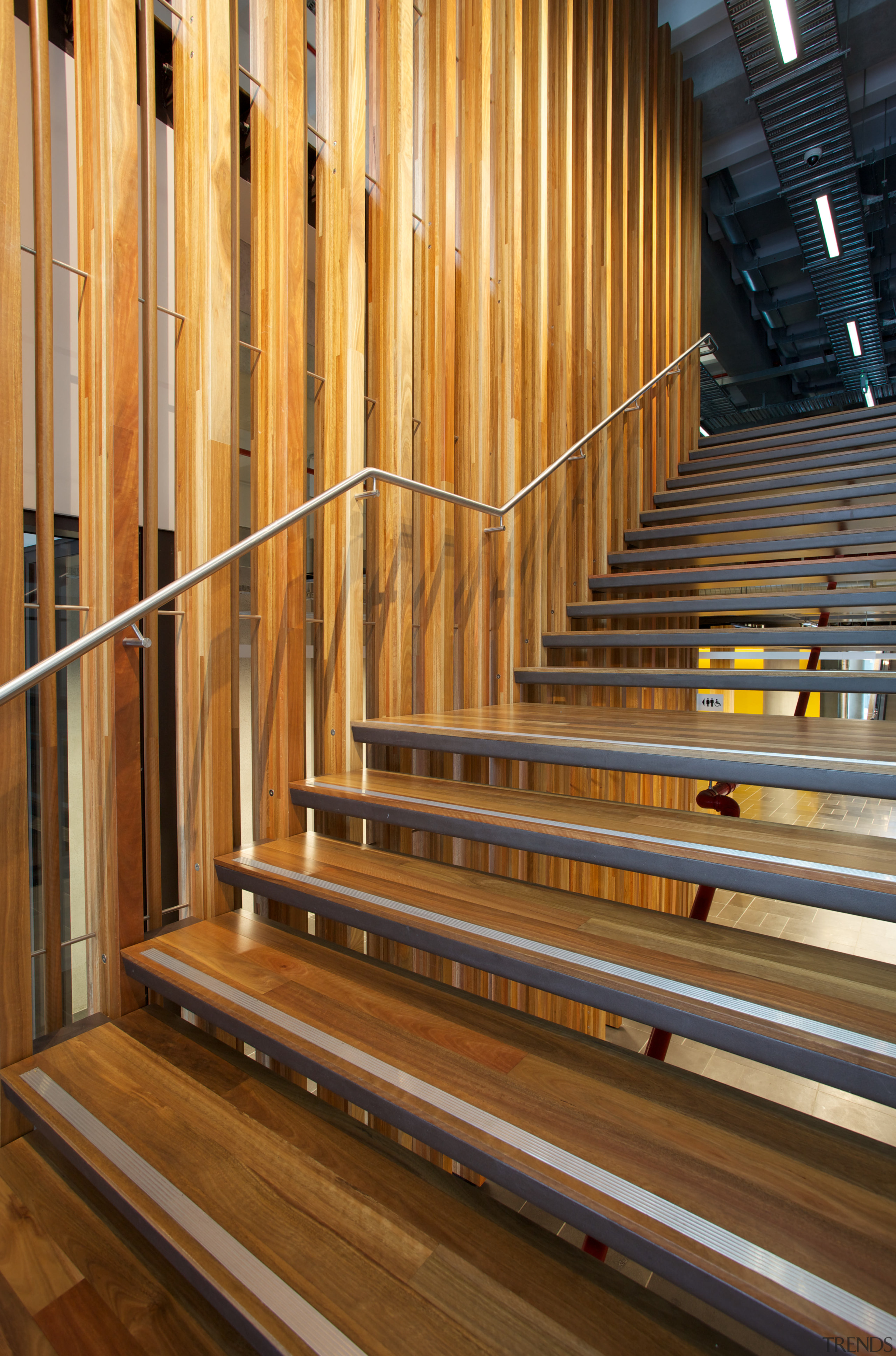 Pre-finished spotted gum floor by Hardwood Technology architecture, floor, flooring, handrail, hardwood, line, stairs, wood, wood stain, brown, orange