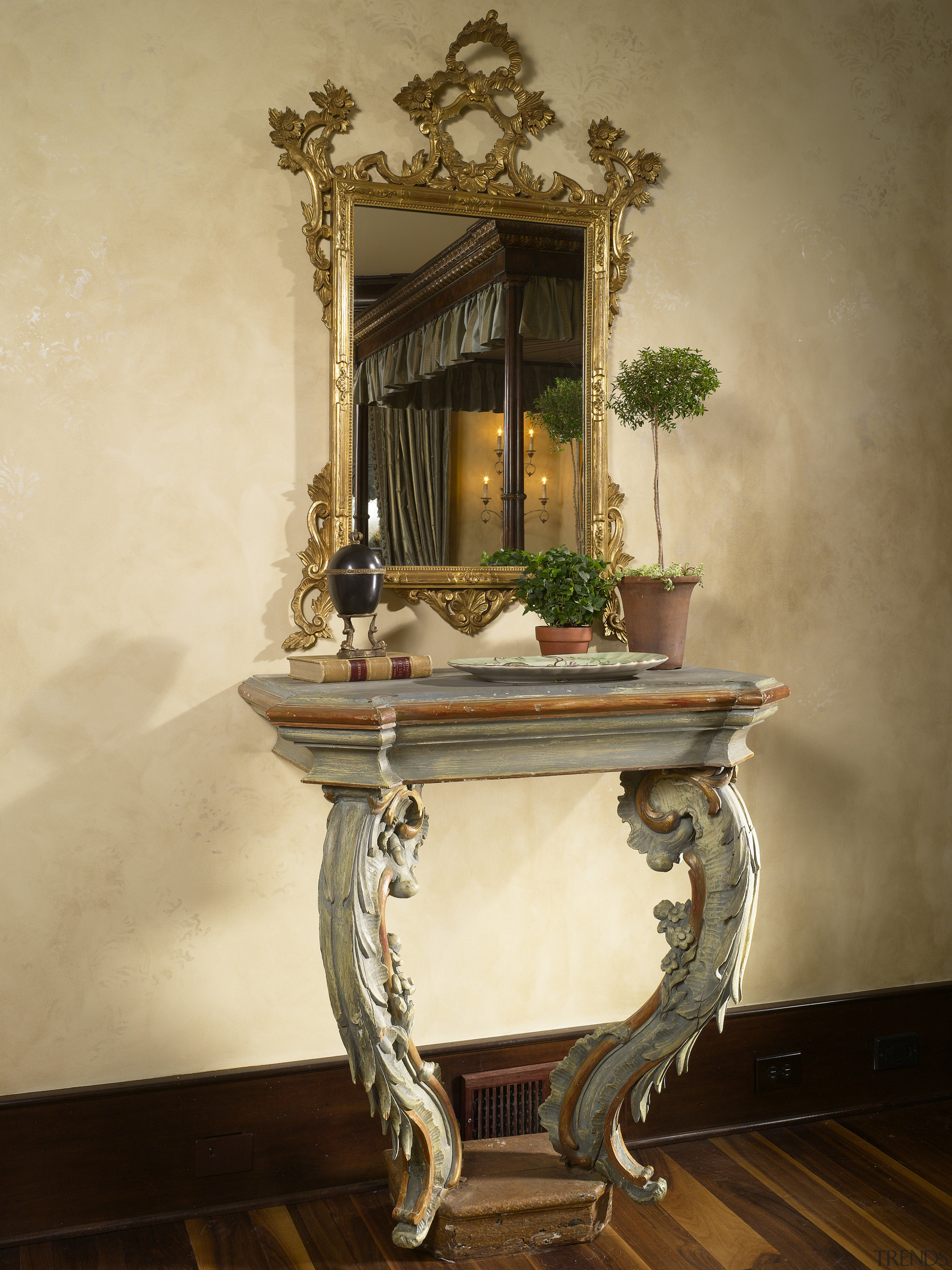 View of antique mirror and table. - View antique, furniture, table, orange, brown