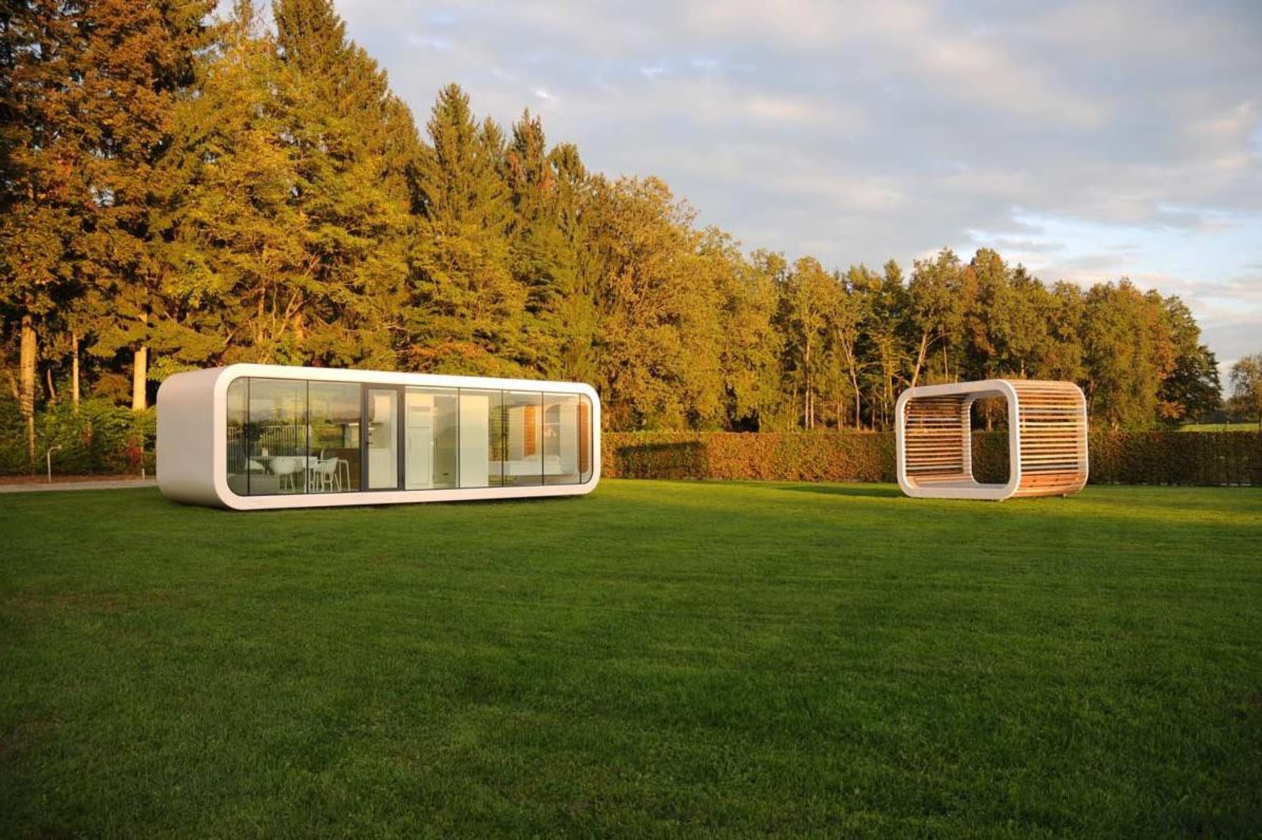 Coodo is a German mobile home modular system architecture, backyard, estate, facade, grass, home, house, lawn, pavilion, property, real estate, shed, yard, brown
