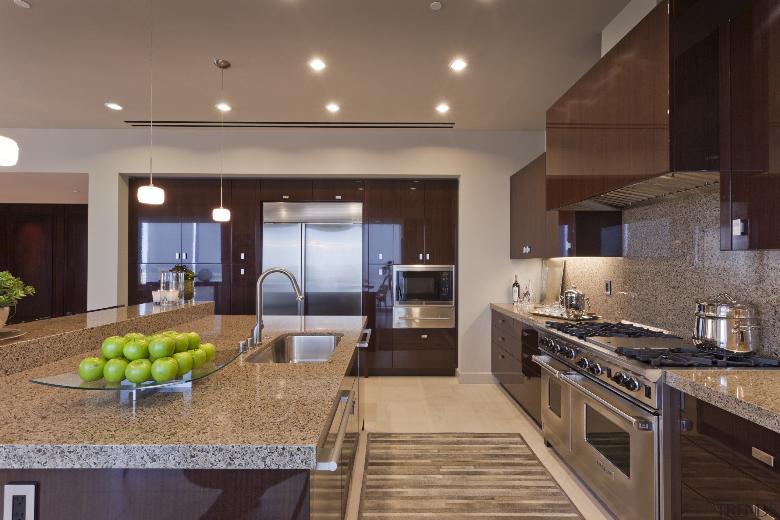 View of contemporary kitchen with dark toned cabinets. cabinetry, countertop, cuisine classique, estate, interior design, kitchen, property, real estate, brown