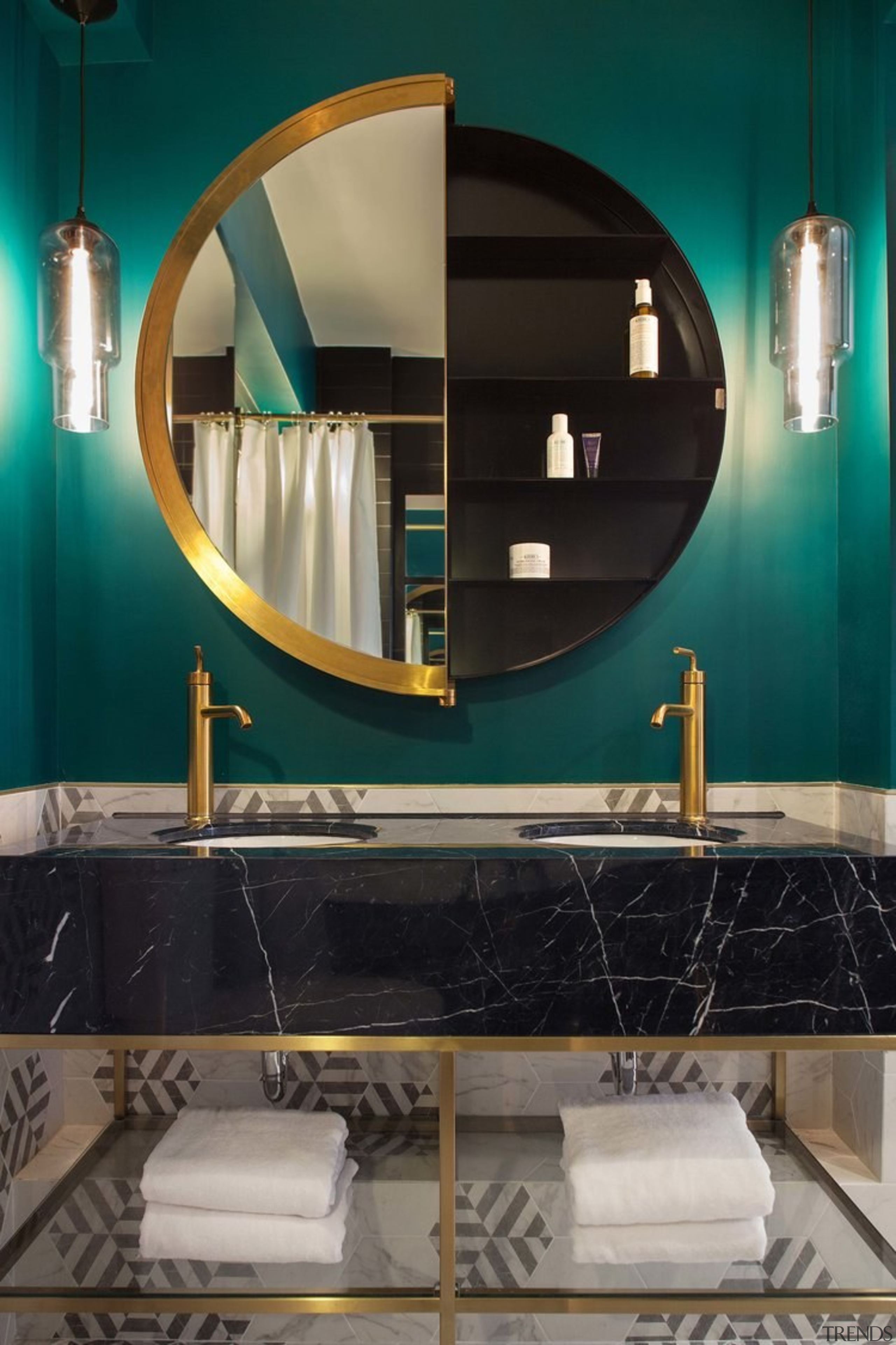 Colours were deliberately chosen to inject fresh life bathroom, ceiling, countertop, home, interior design, lighting, room, table, black, teal