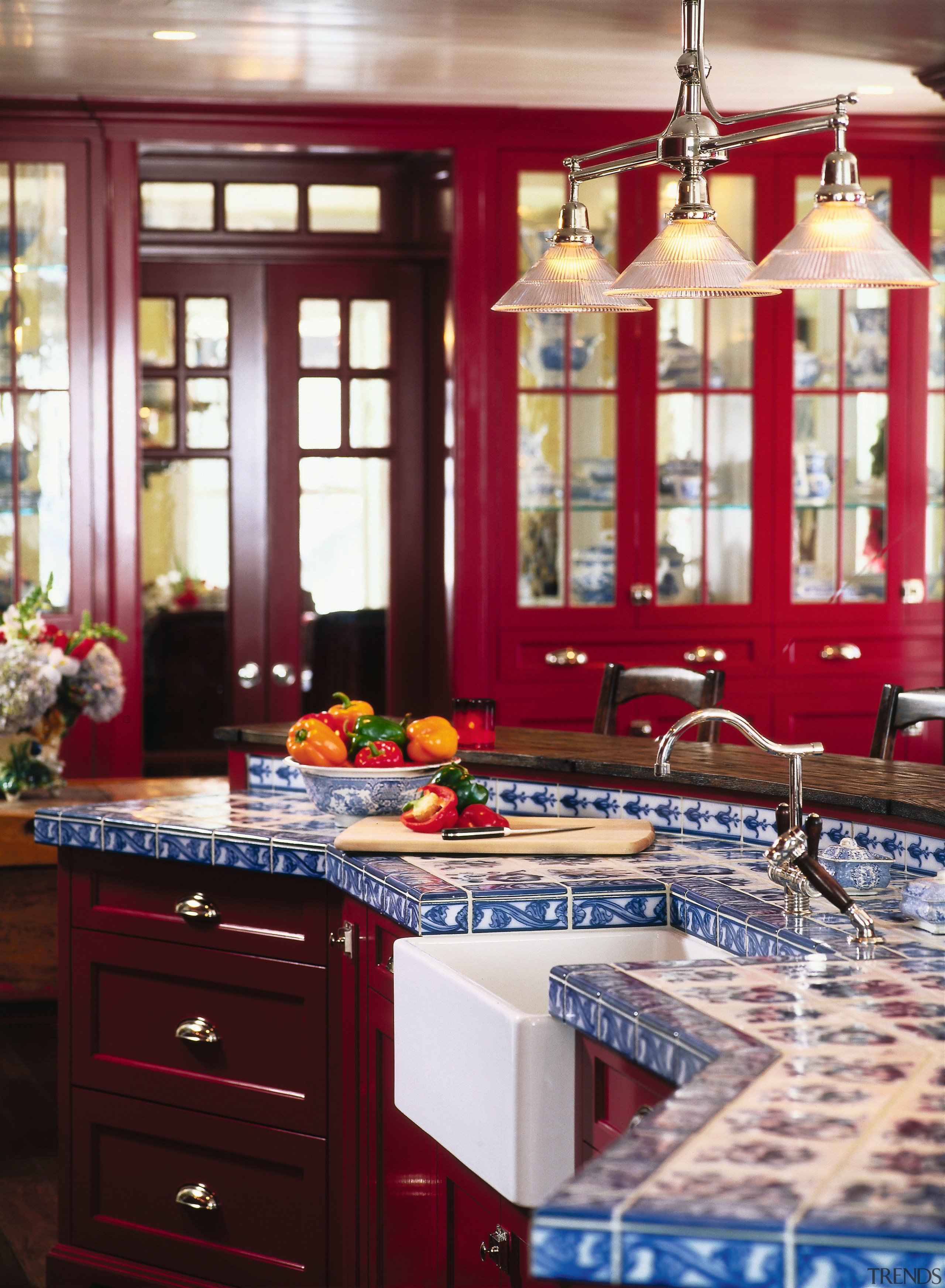 view of the hand painted kitchen benchtop tiles cabinetry, countertop, cuisine classique, dining room, furniture, home, interior design, kitchen, room, table, window, red