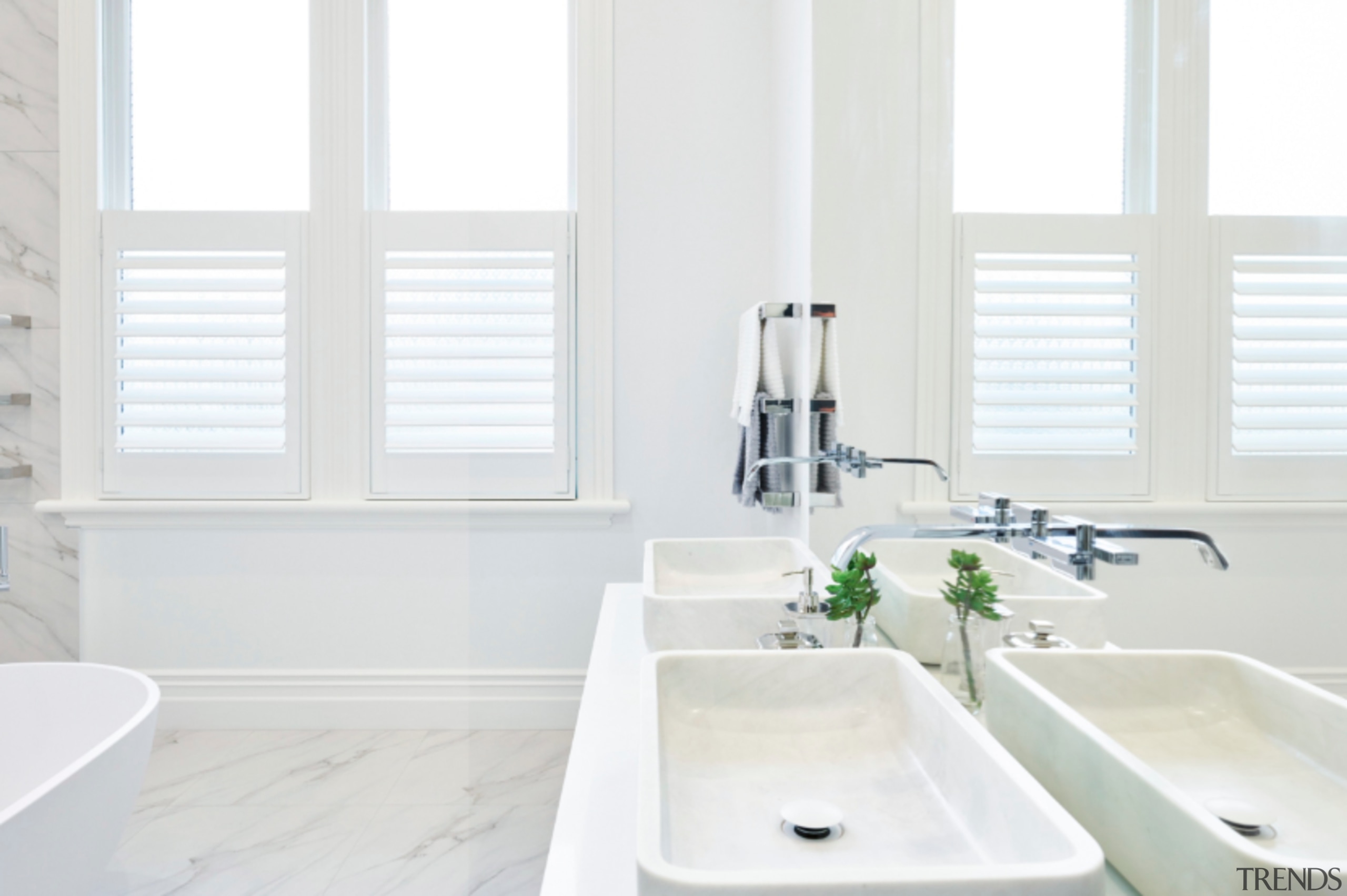 These sculptural countertop basins lift the entire bathroom bathroom, bathroom accessory, bathroom sink, home, interior design, plumbing fixture, room, sink, tap, window, white