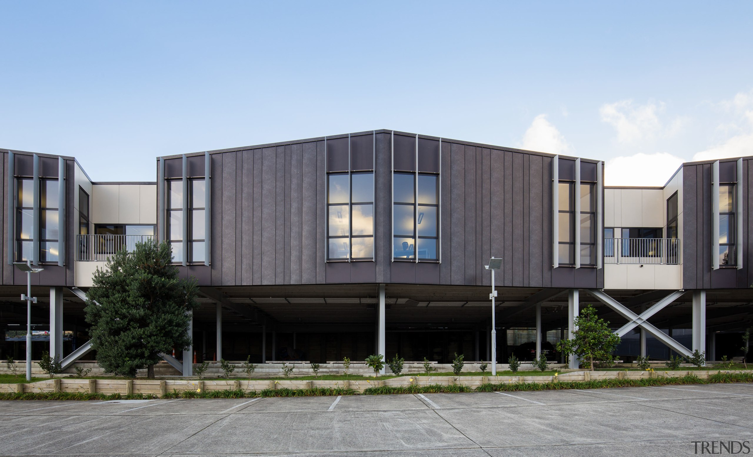 The Roofing Stores Standing Seam cladding in KiwiColour apartment, architecture, building, commercial building, condominium, corporate headquarters, facade, headquarters, house, mixed use, property, real estate, residential area, gray, teal