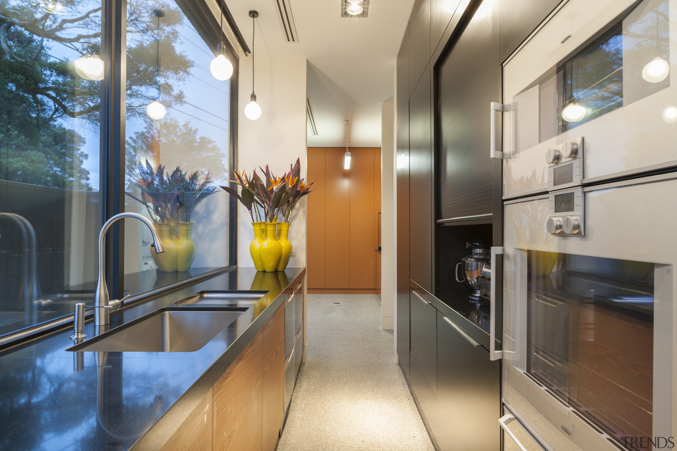 Appliance alley in glossy entertainers kitchen - Appliance apartment, architecture, countertop, home, interior design, kitchen, property, real estate, gray