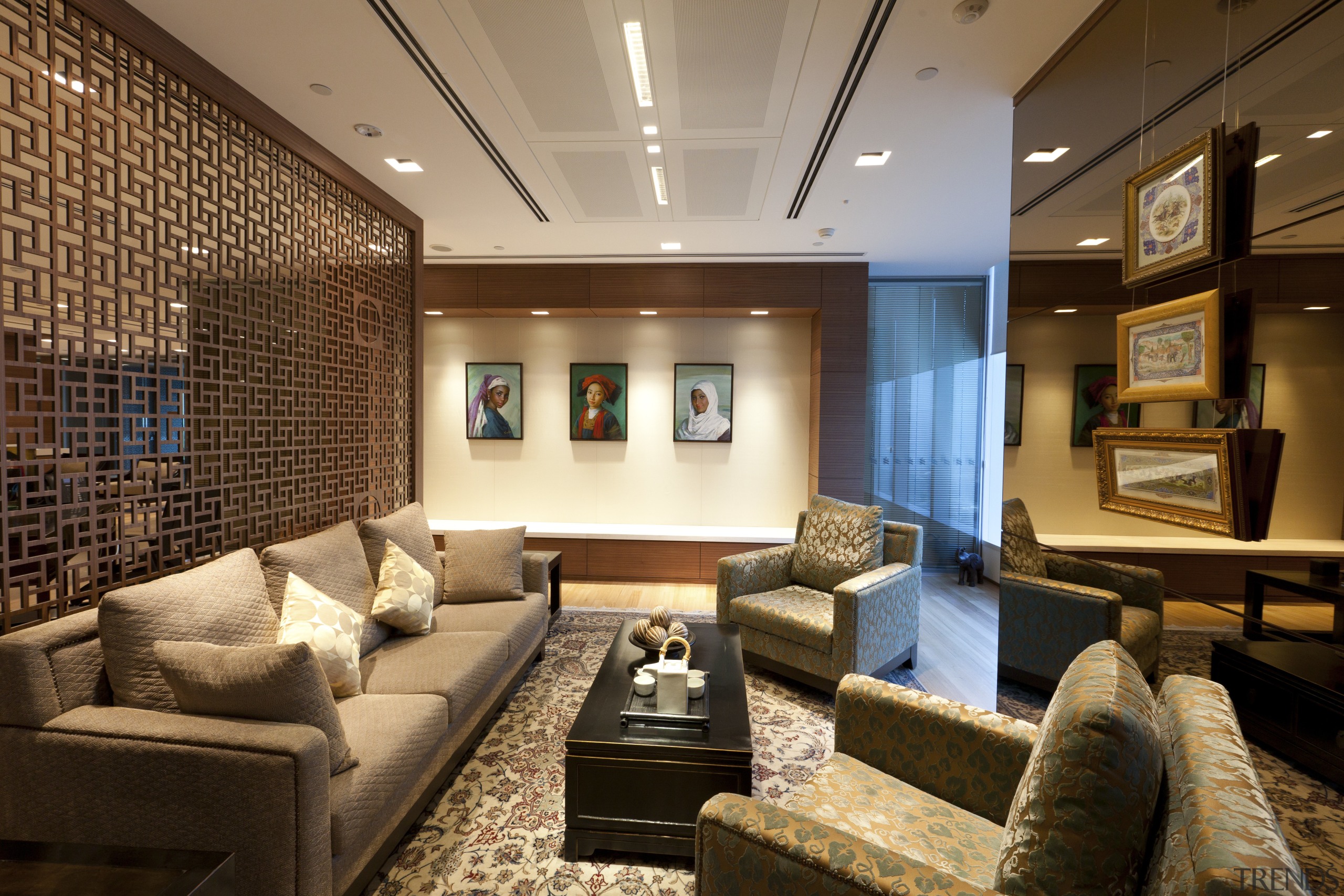 View of a contemporary corporate space with decorative ceiling, interior design, living room, lobby, real estate, room, brown, orange