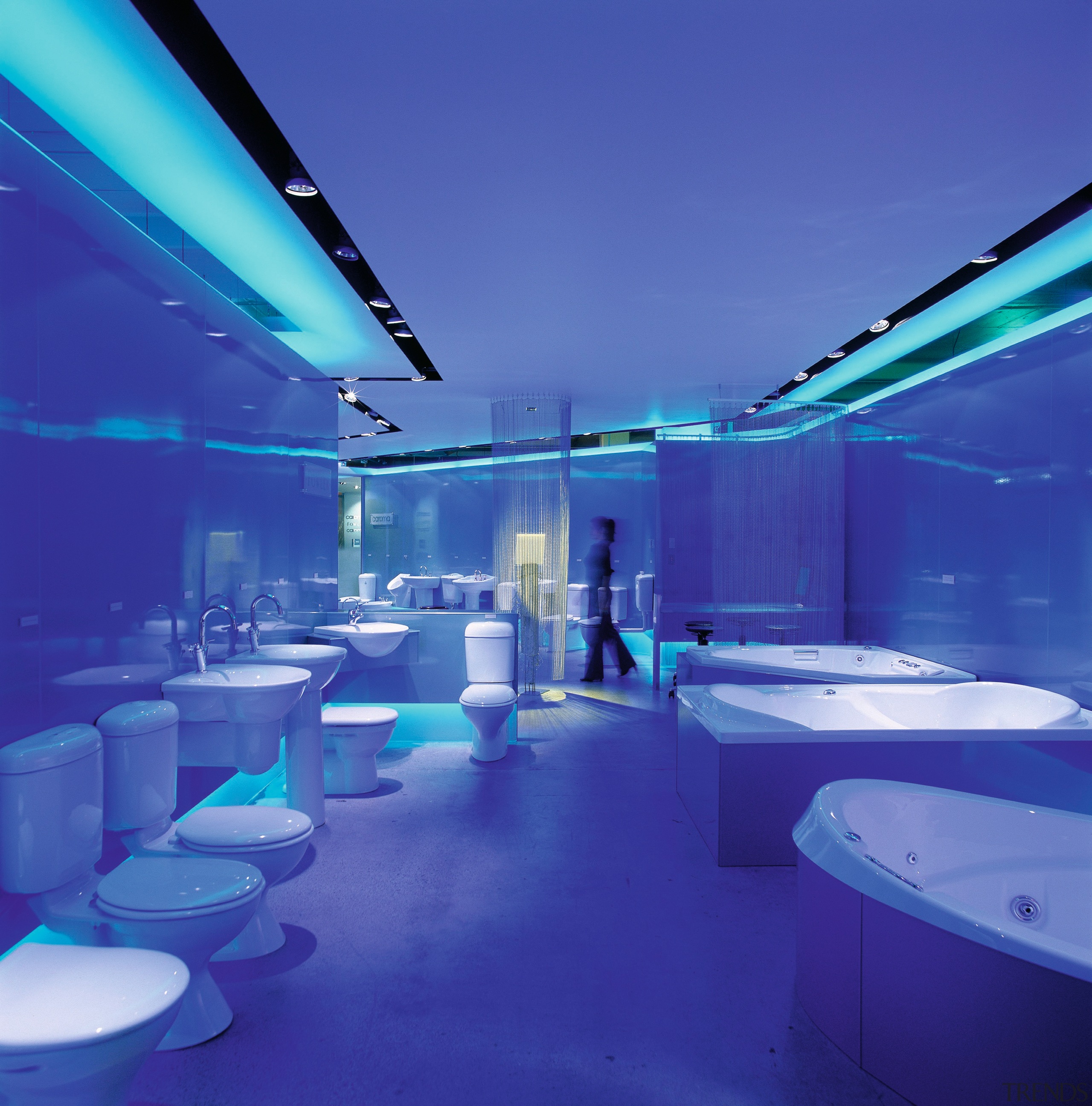 The view of bathroomware in a showroom - architecture, blue, ceiling, daylighting, interior design, light, lighting, blue