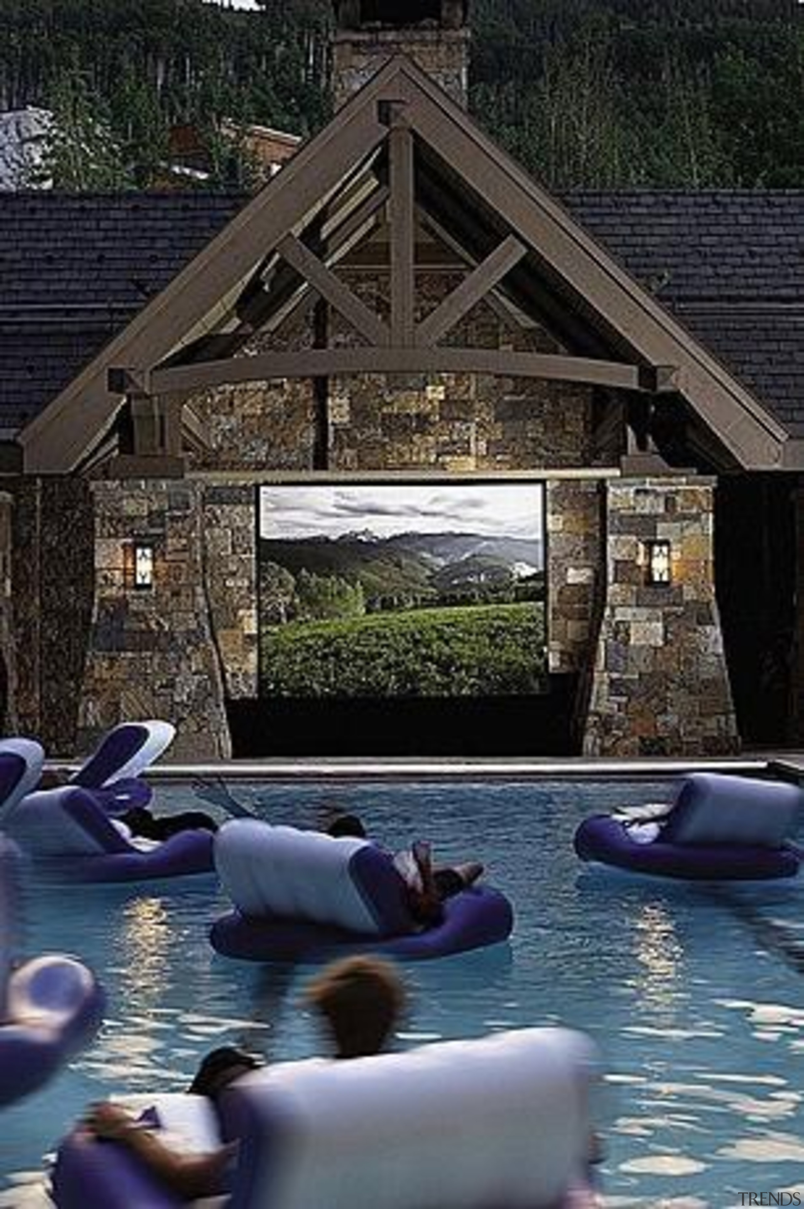 outdoor pool side theater....my family would never leave home, house, leisure, reflection, water, waterway, black