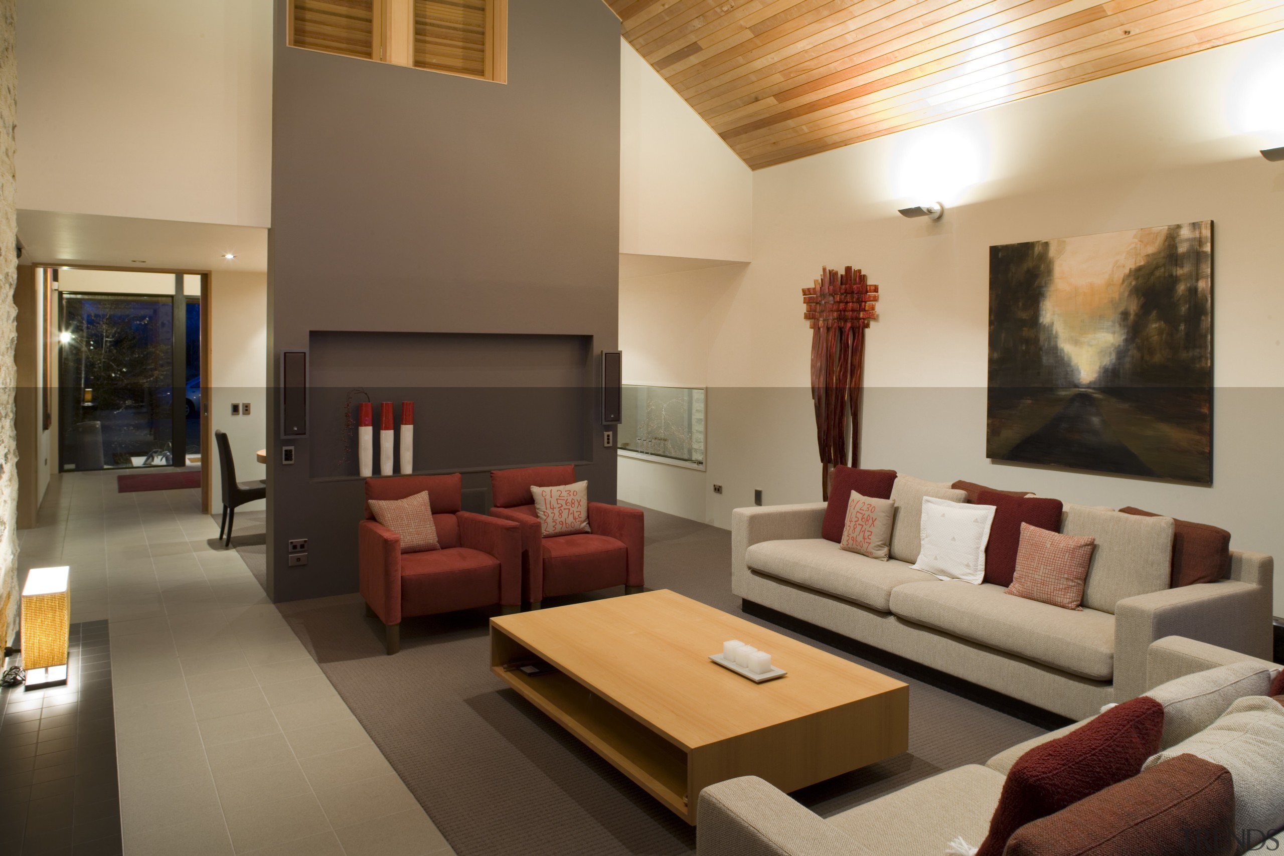 The main living pavilion is a spacious volume, ceiling, interior design, living room, property, real estate, room, brown, orange